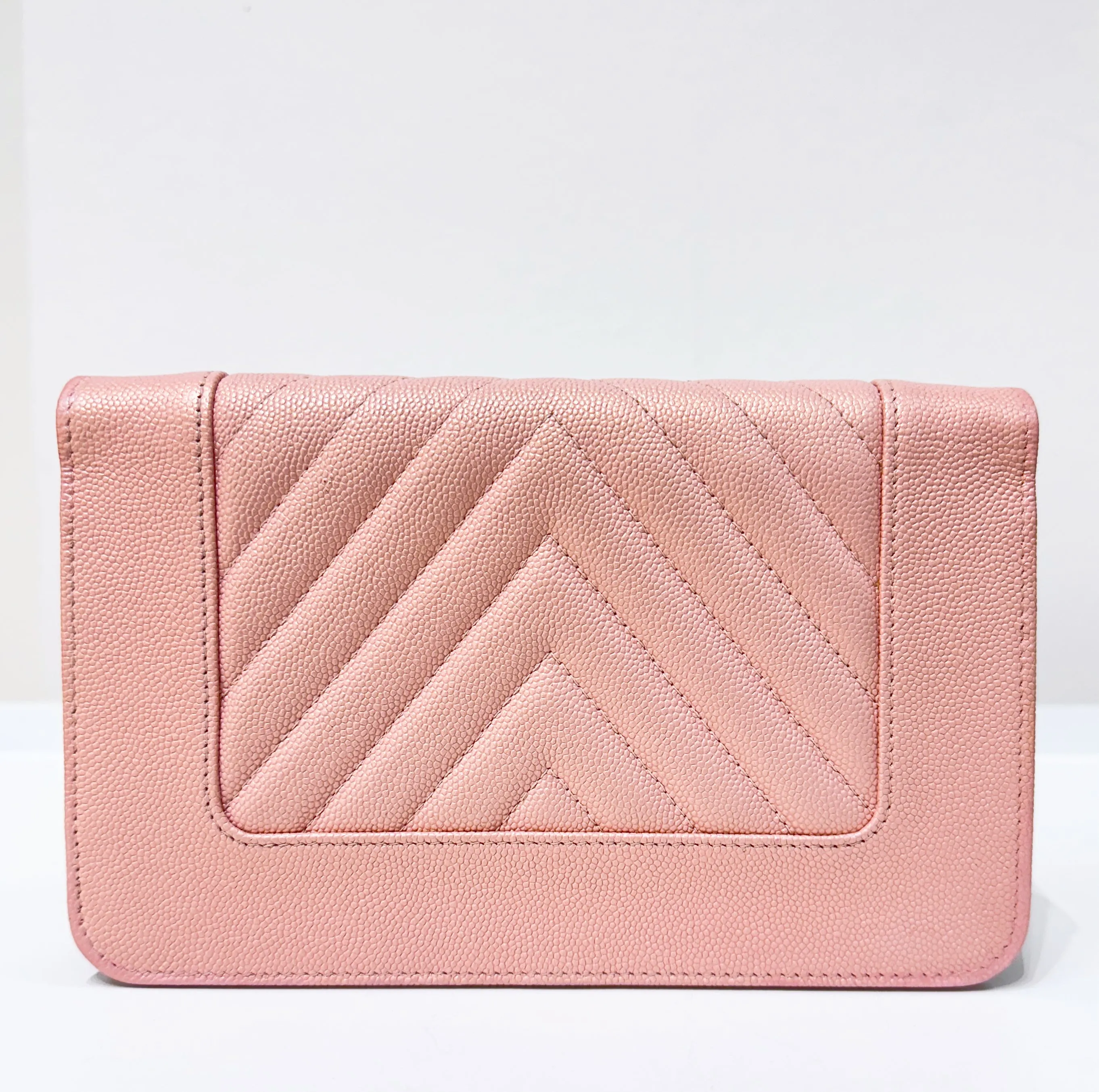 CHANEL Metallic Caviar Chevron Quilted Vintage Mademoiselle Wallet On Chain WOC Pink