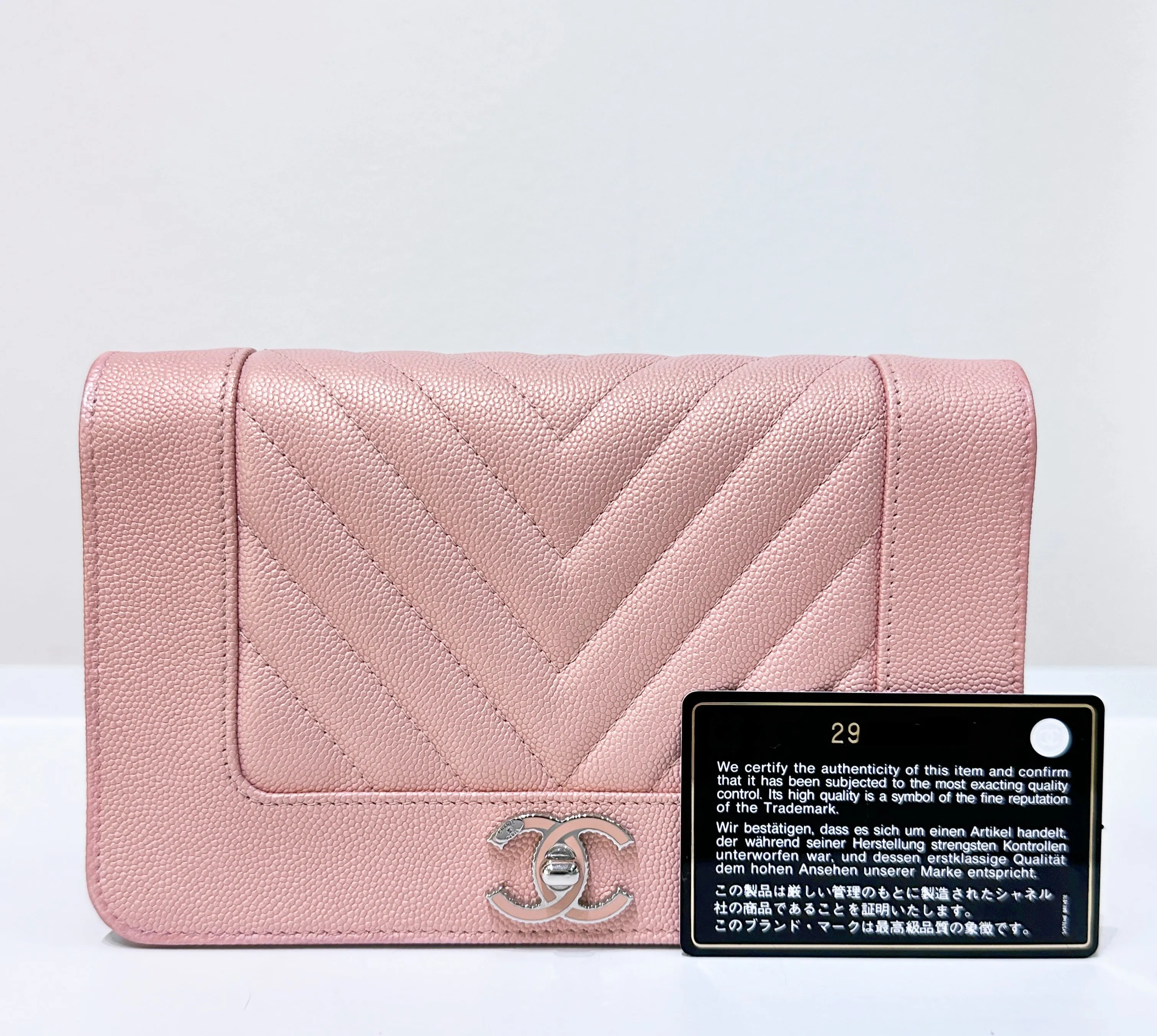 CHANEL Metallic Caviar Chevron Quilted Vintage Mademoiselle Wallet On Chain WOC Pink