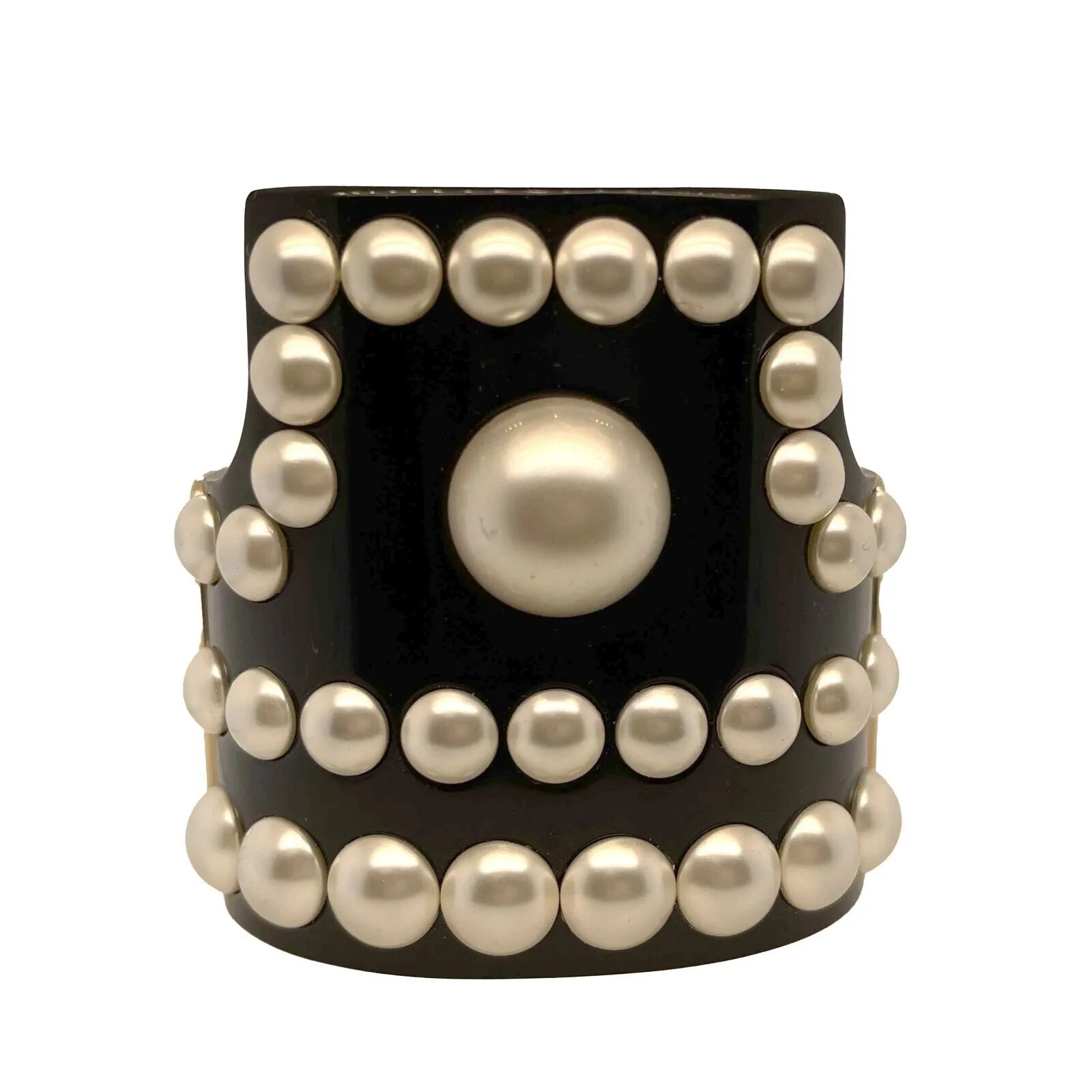 CHANEL - Statement Resin CC Pearl Studded Cuff - Black - Bracelet