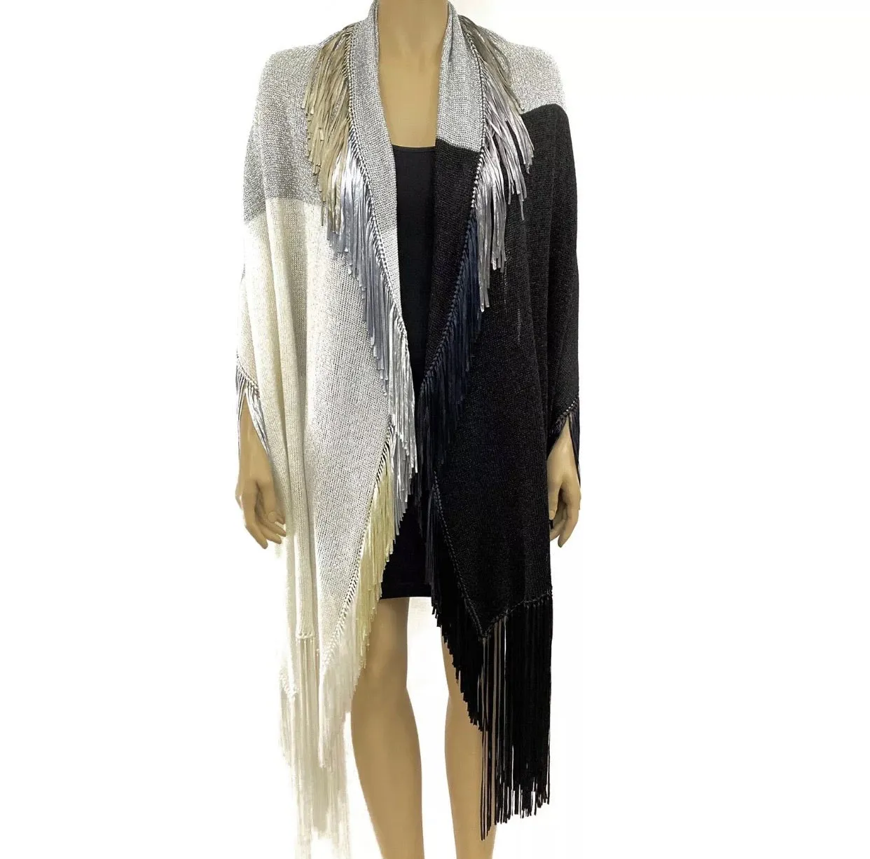 Color Block Black White Navy Fringed Knit Scarf Shawl Wrap