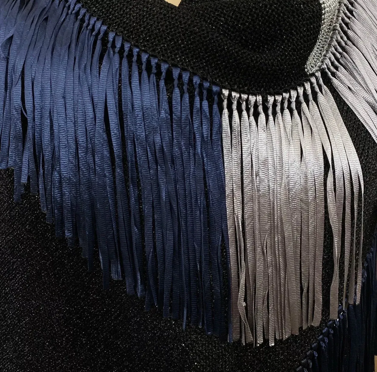 Color Block Black White Navy Fringed Knit Scarf Shawl Wrap