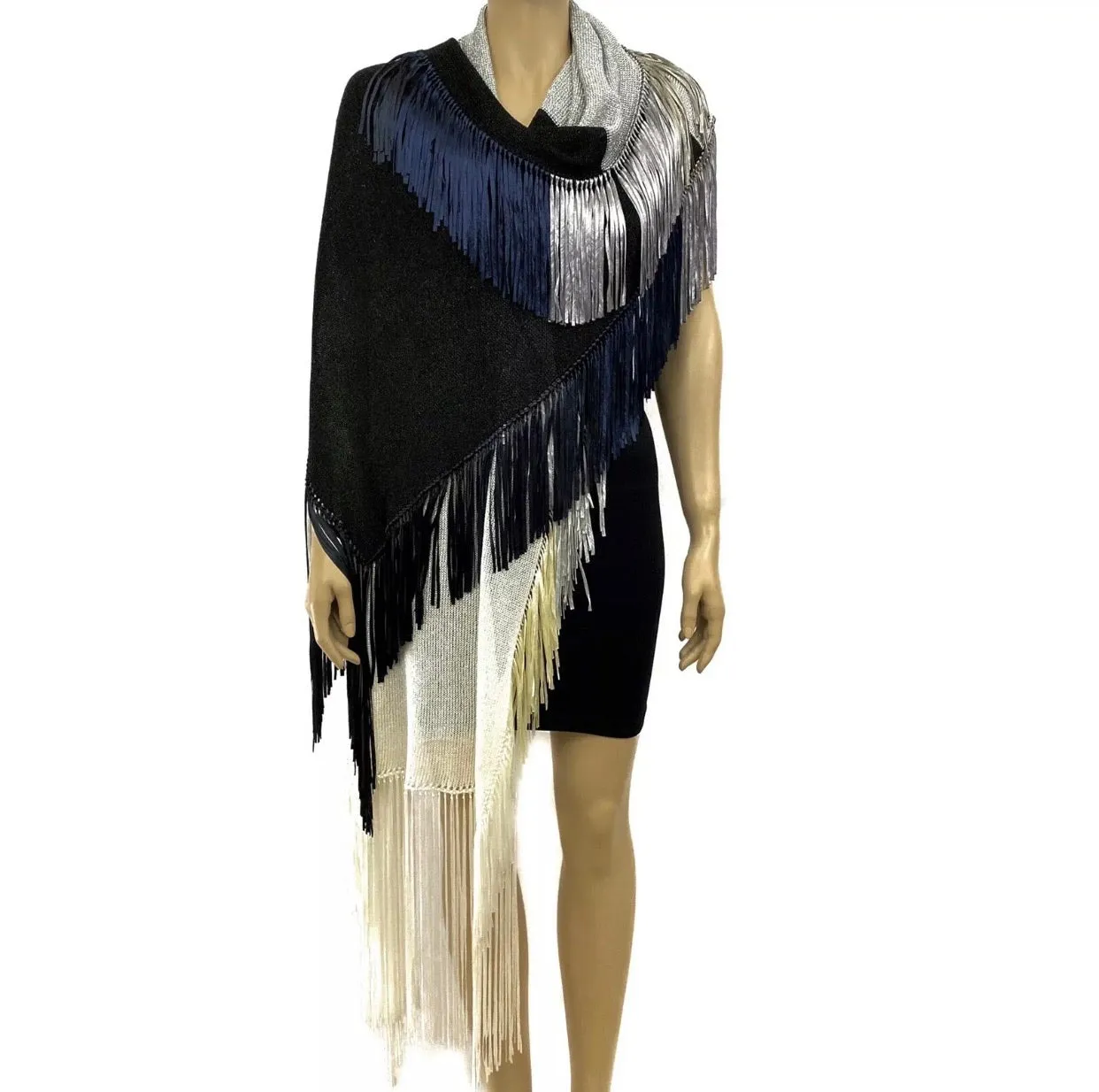 Color Block Black White Navy Fringed Knit Scarf Shawl Wrap