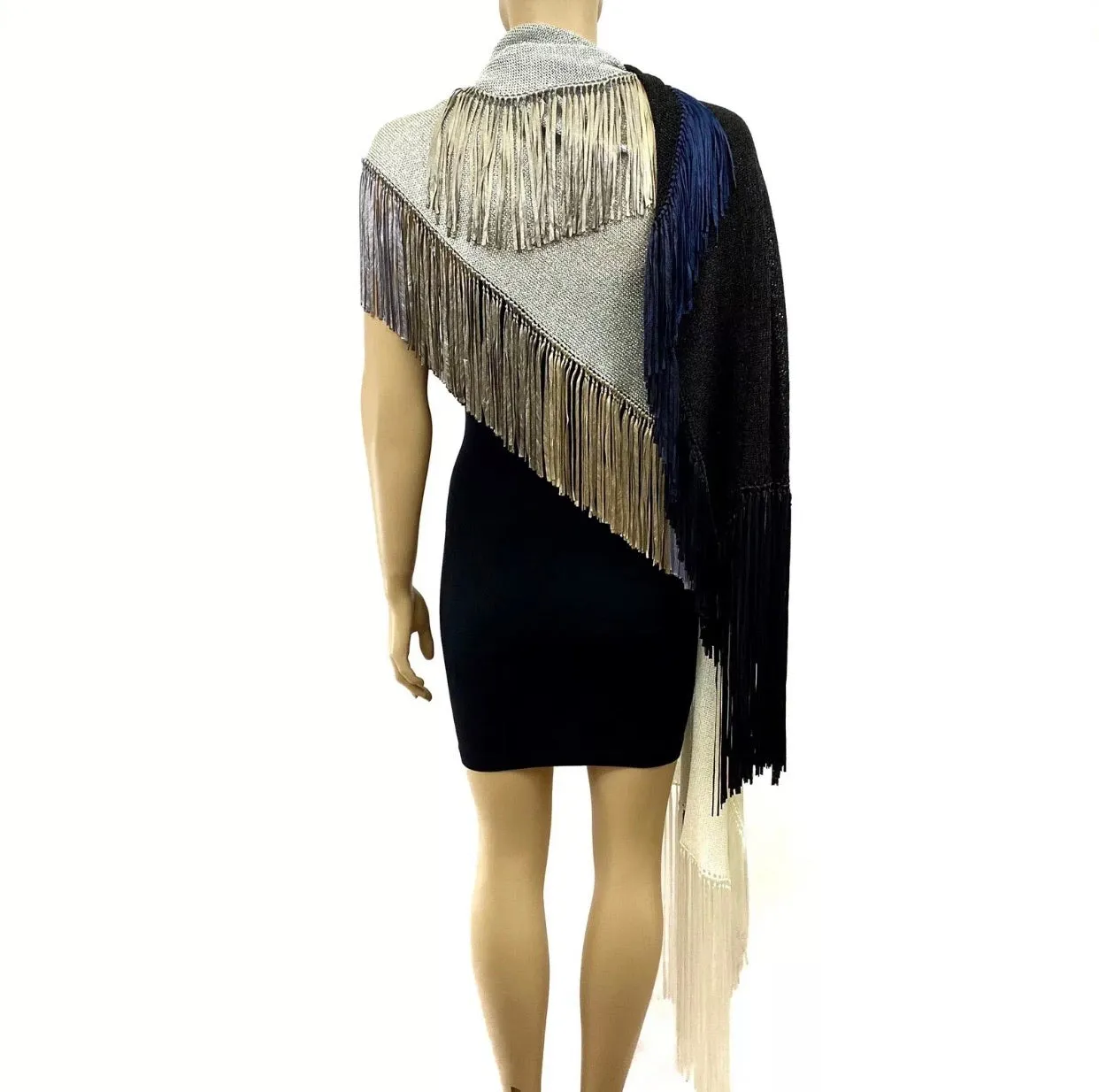 Color Block Black White Navy Fringed Knit Scarf Shawl Wrap