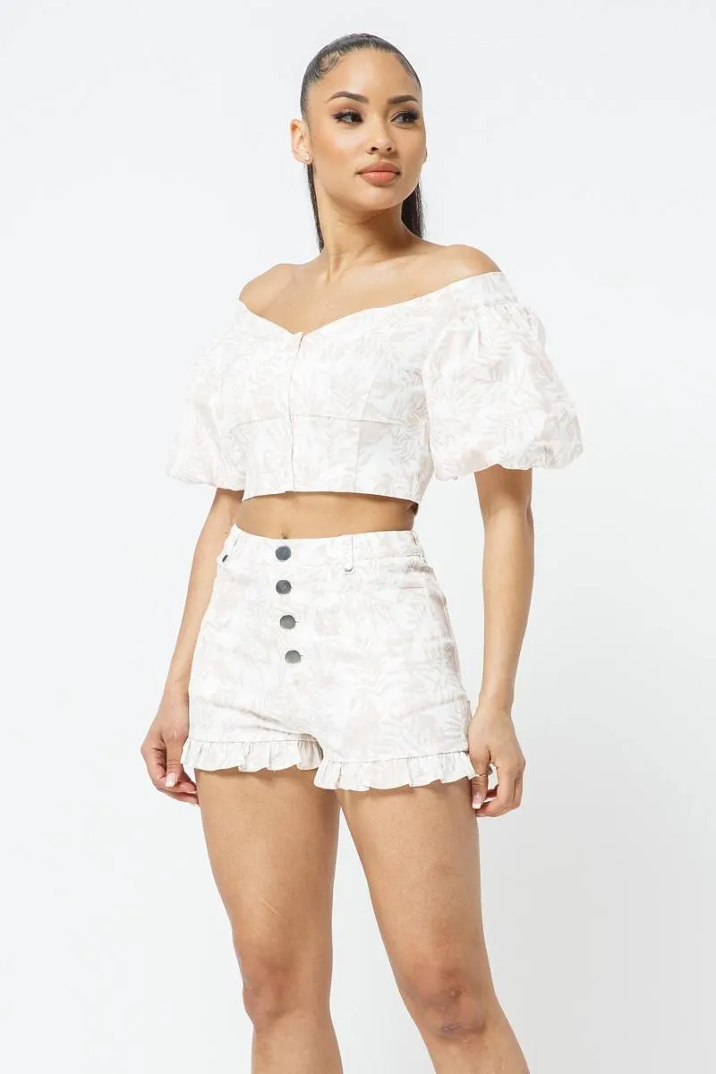 Cotton Off-shoulder Puff Sleeve Crop Top With Front Zipped Matching Shorts Set