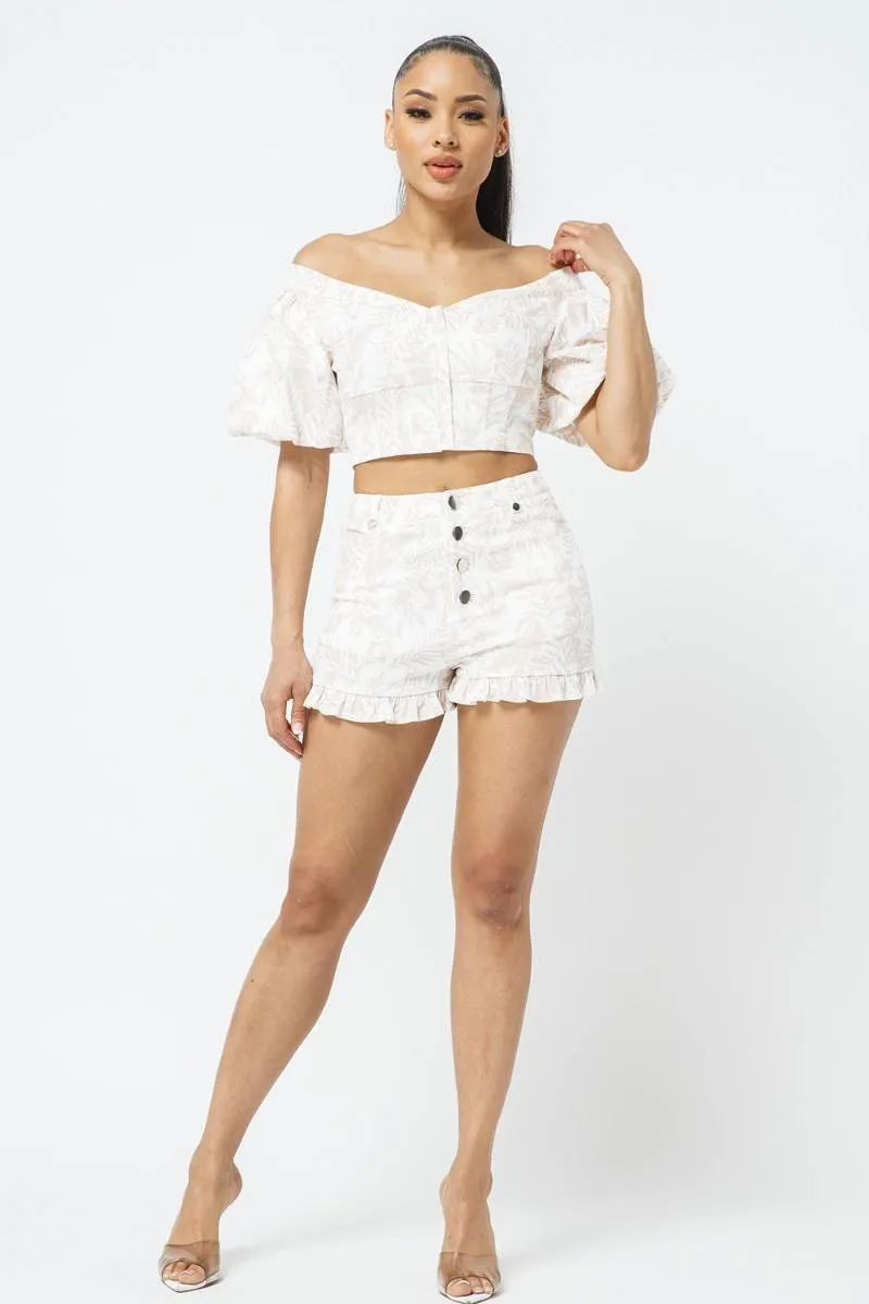 Cotton Off-shoulder Puff Sleeve Crop Top With Front Zipped Matching Shorts Set