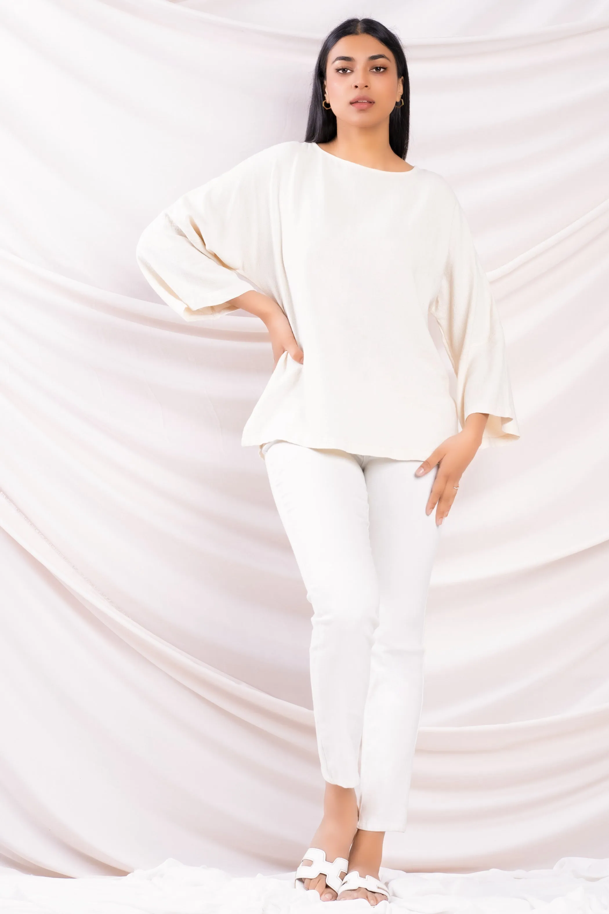 Cream Drop Sleeve Linen Top