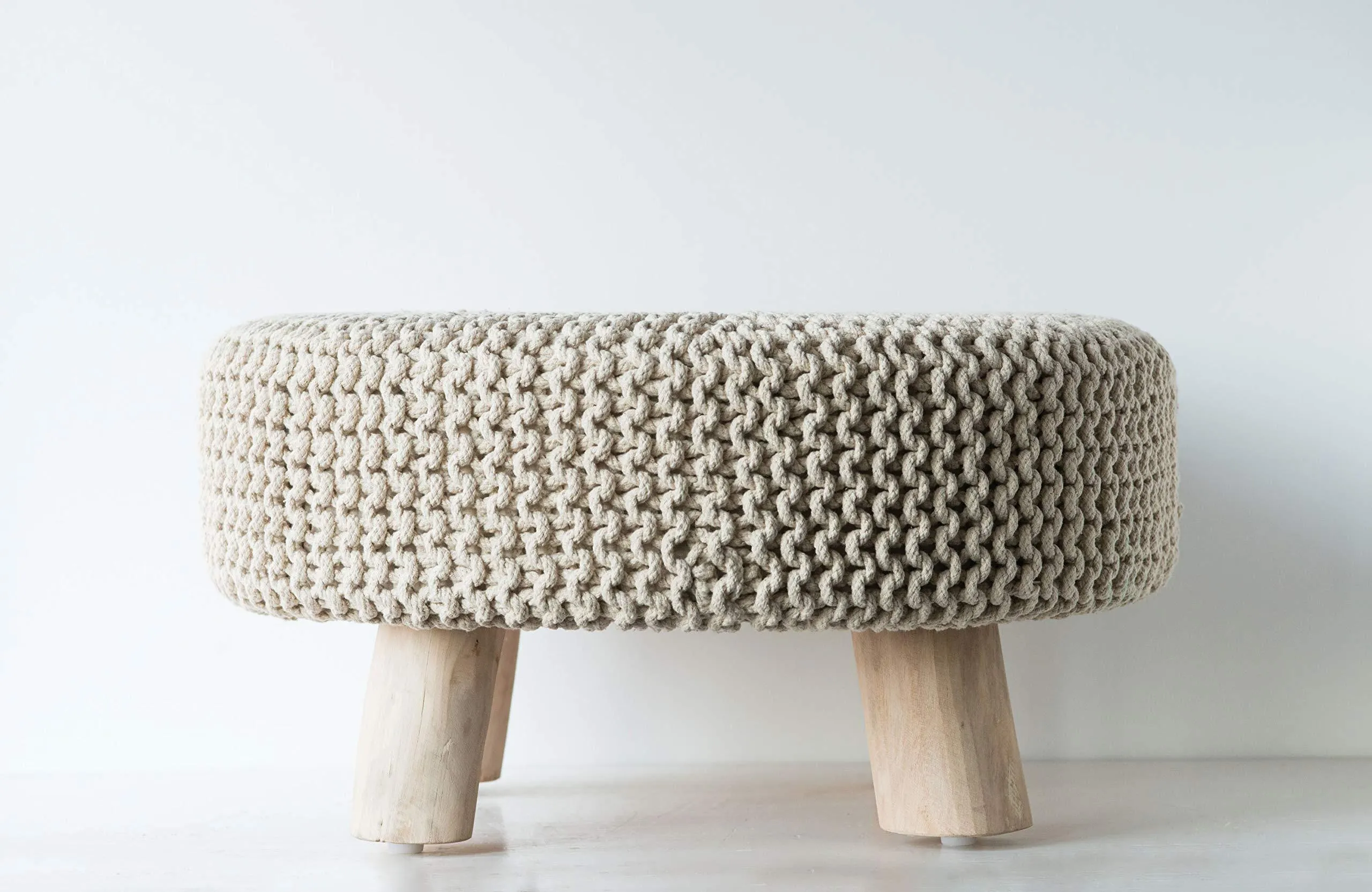 Creative Co-op Wood and Cotton Knit Round Ottoman Stool, Off- Off-White