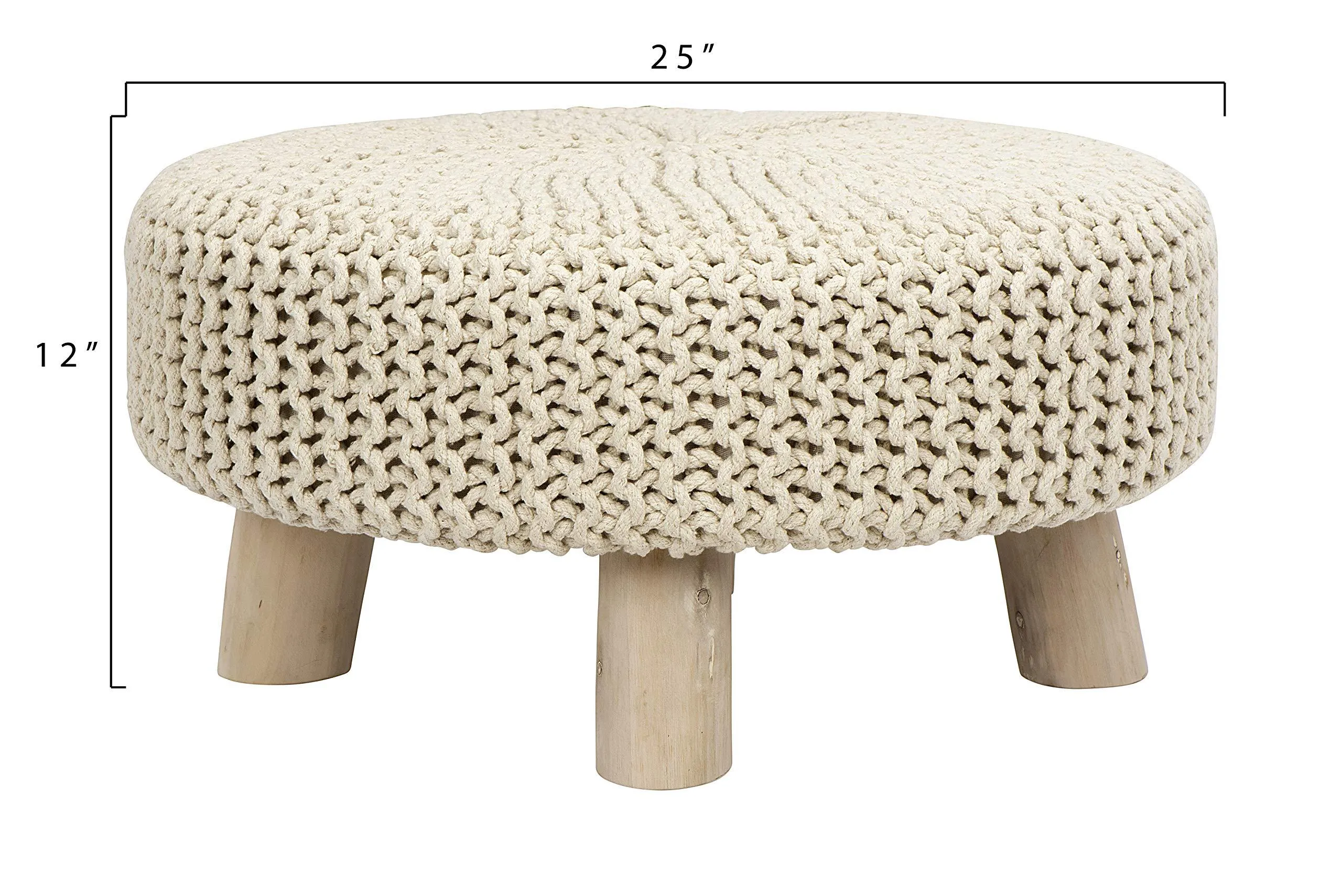 Creative Co-op Wood and Cotton Knit Round Ottoman Stool, Off- Off-White