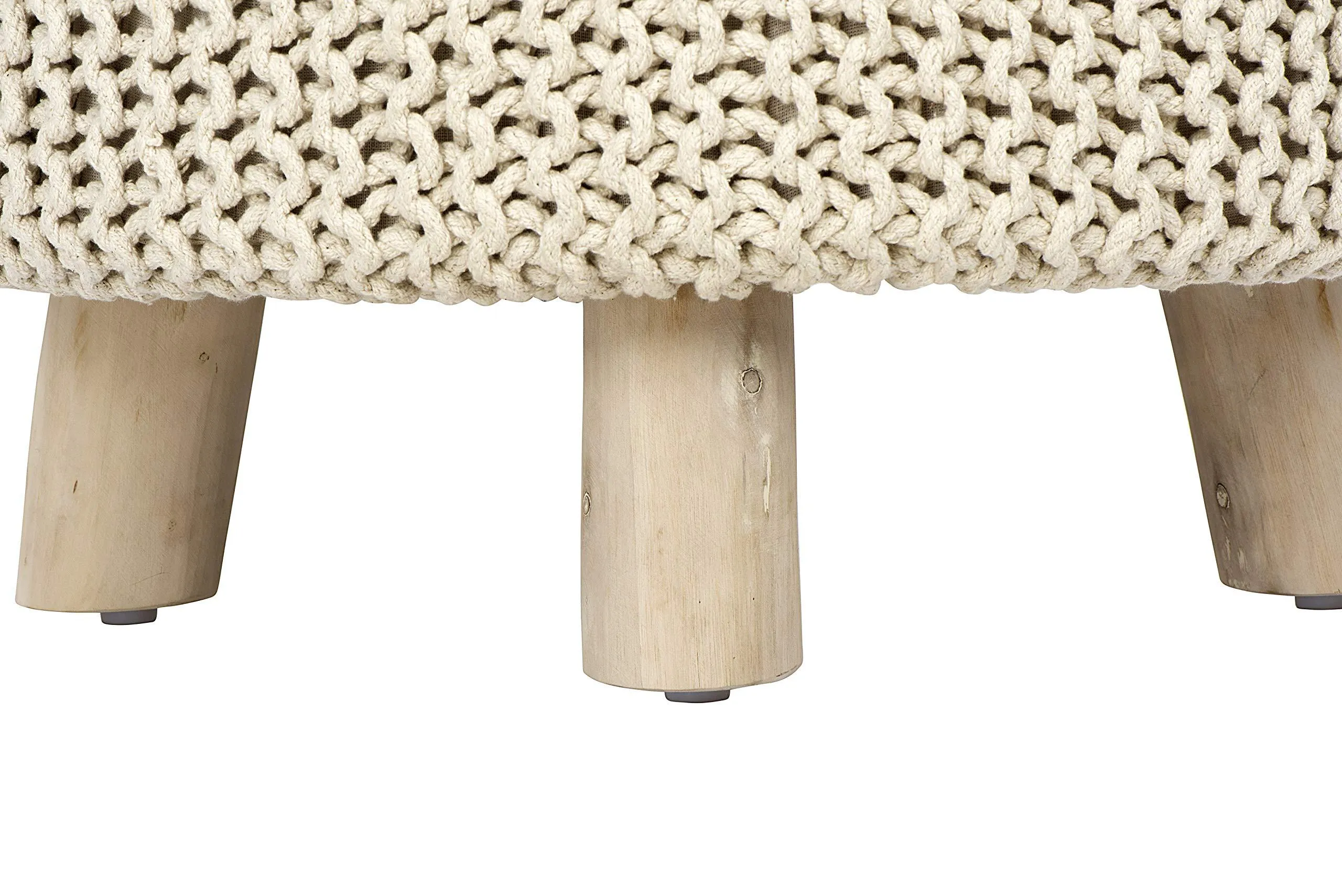 Creative Co-op Wood and Cotton Knit Round Ottoman Stool, Off- Off-White