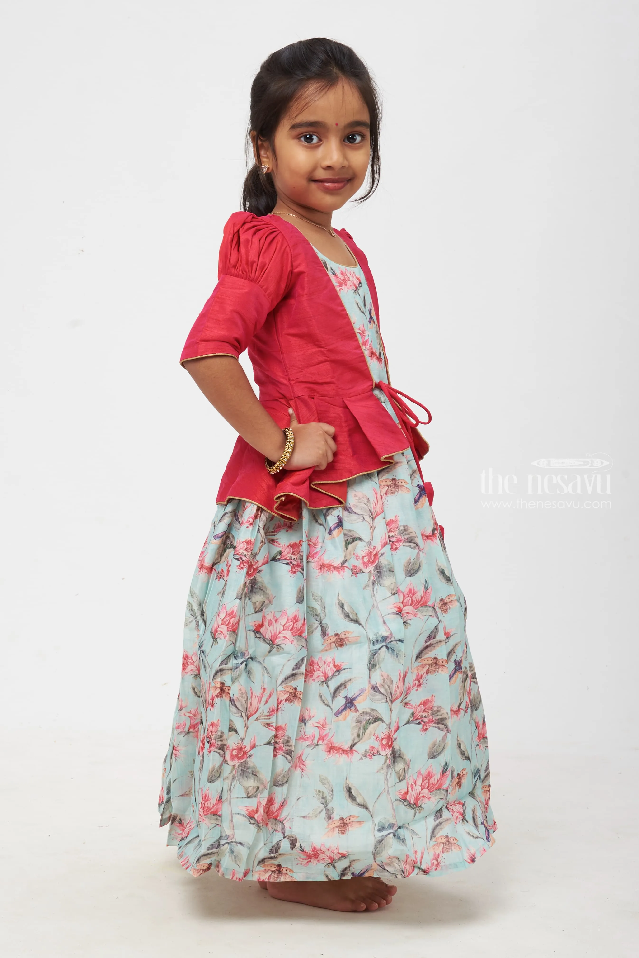 Crimson Elegance: Children's Bird & Blossom Print Dress Ensemble