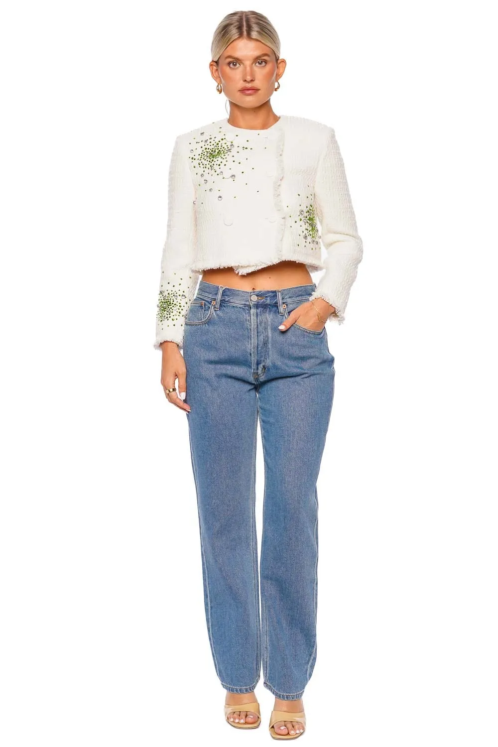 Crystal Embroidered Cropped Tweed Jacket