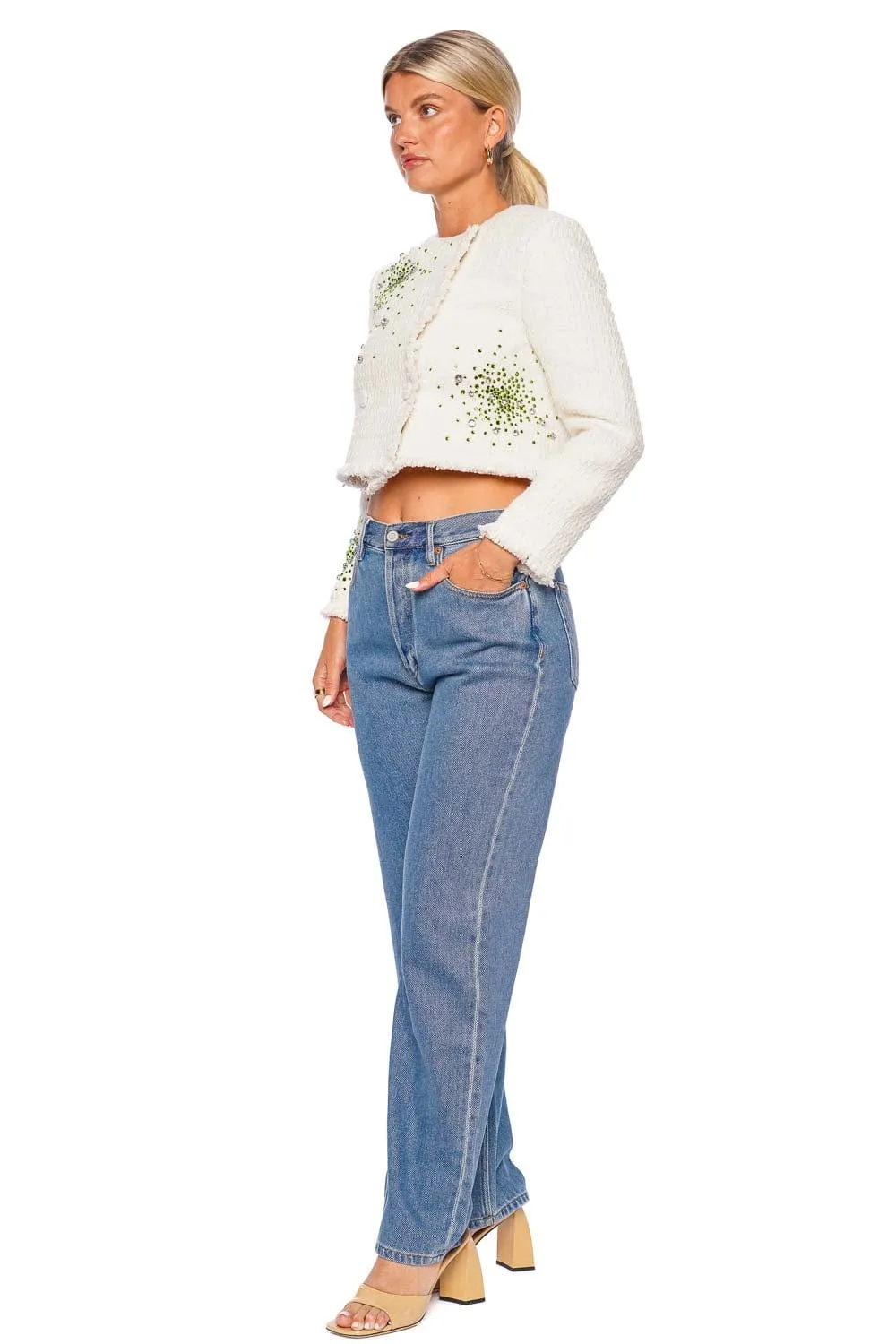 Crystal Embroidered Cropped Tweed Jacket