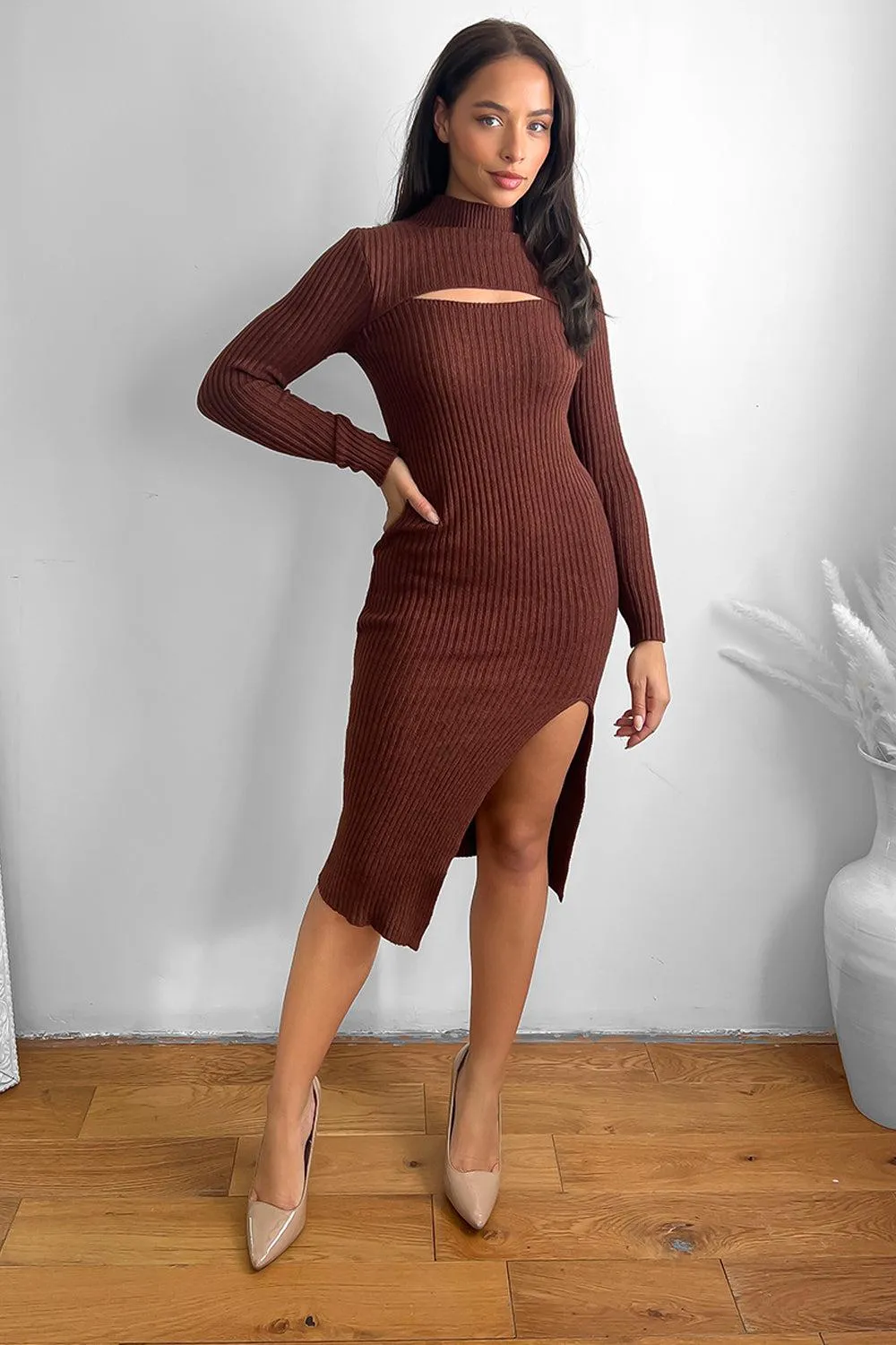 Cut Out Detail High Neck Knitted Midi Dress