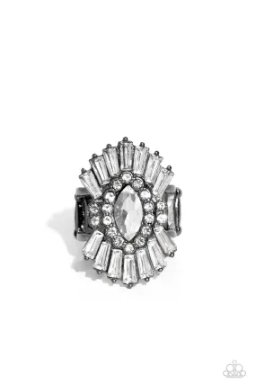 Daringly Deco Gunmetal Black & White Rhinestone Ring - Paparazzi Accessories