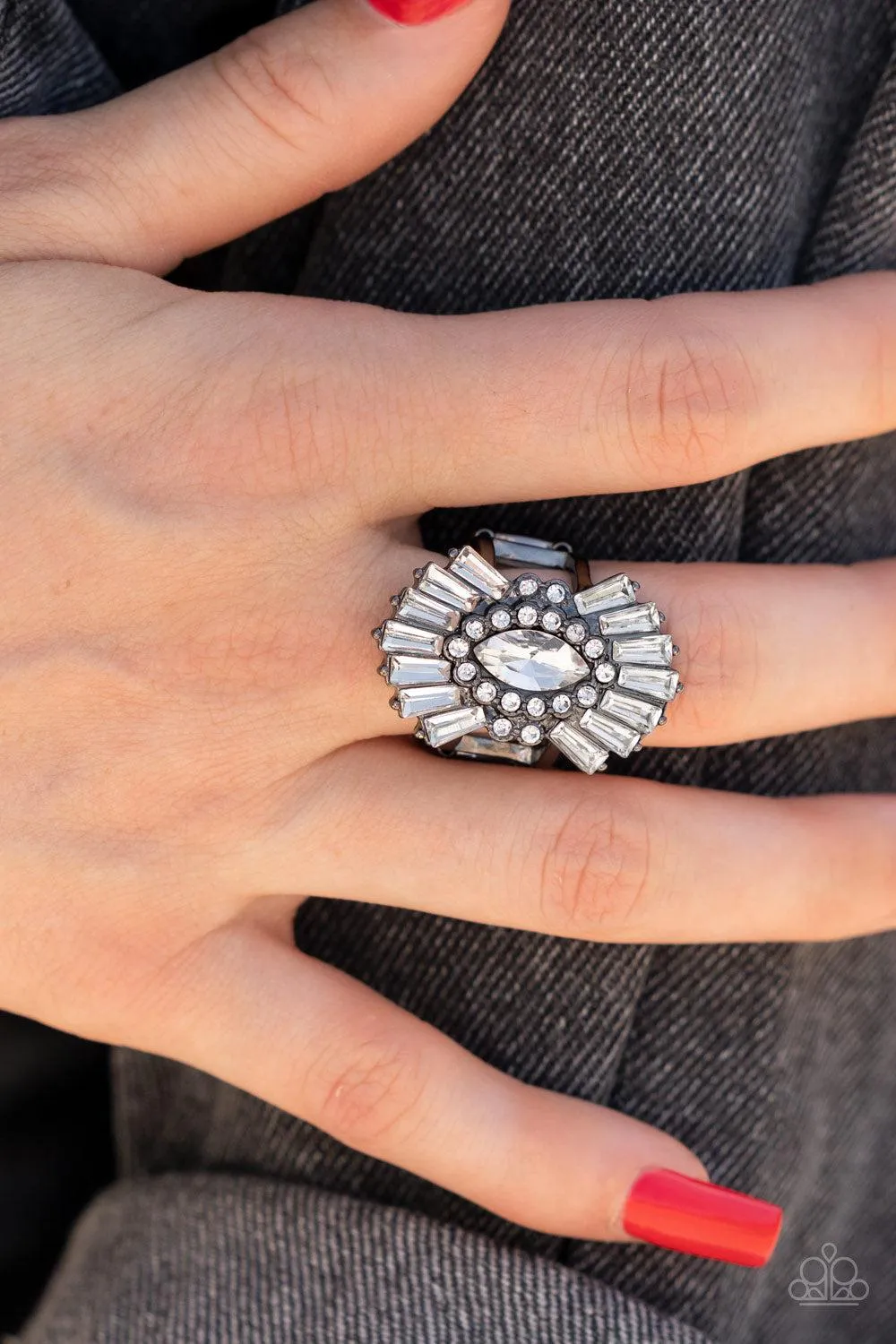 Daringly Deco Gunmetal Black & White Rhinestone Ring - Paparazzi Accessories