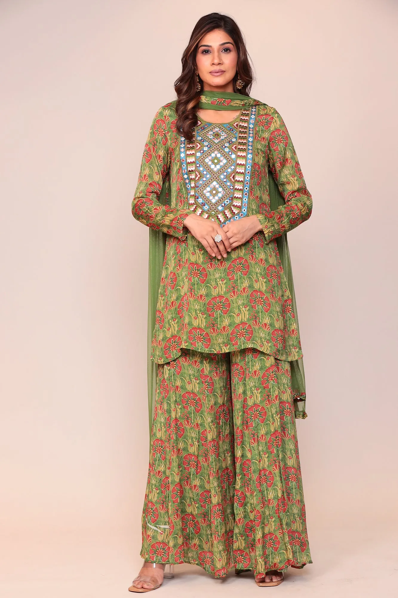 Digital Print Georgette Straight Kurta Set with Mirror and Thread work.