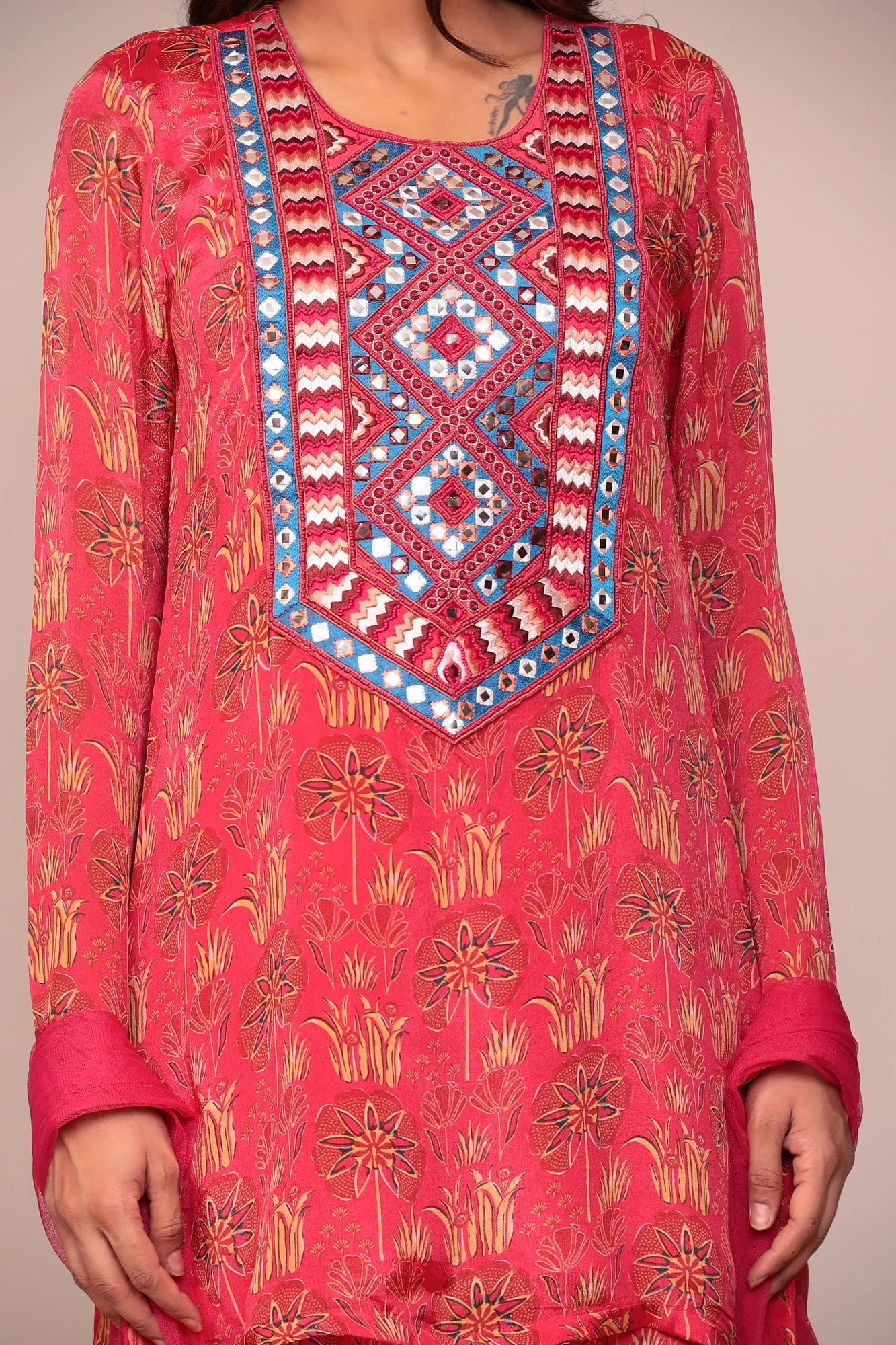 Digital Print Georgette Straight Kurta Set with Mirror and Thread work.