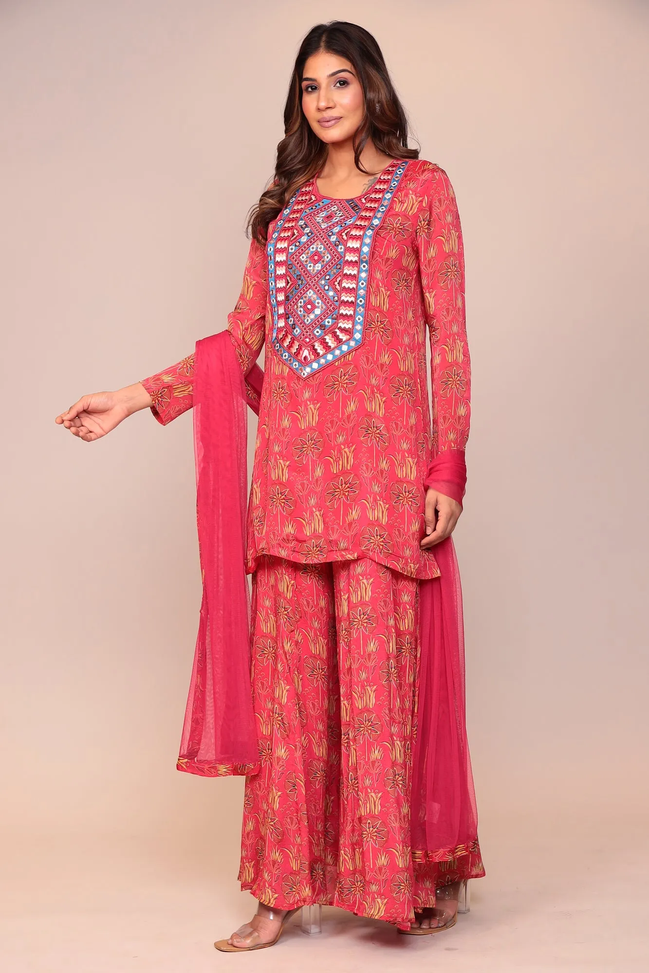 Digital Print Georgette Straight Kurta Set with Mirror and Thread work.