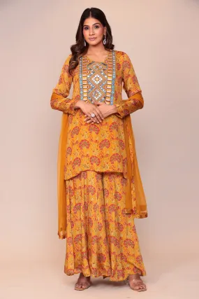 Digital Print Georgette Straight Kurta Set with Mirror and Thread work.