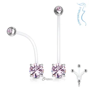 Double Jeweled Prong Set Round CZ Pregnancy Bioflex Belly Ring - Pink