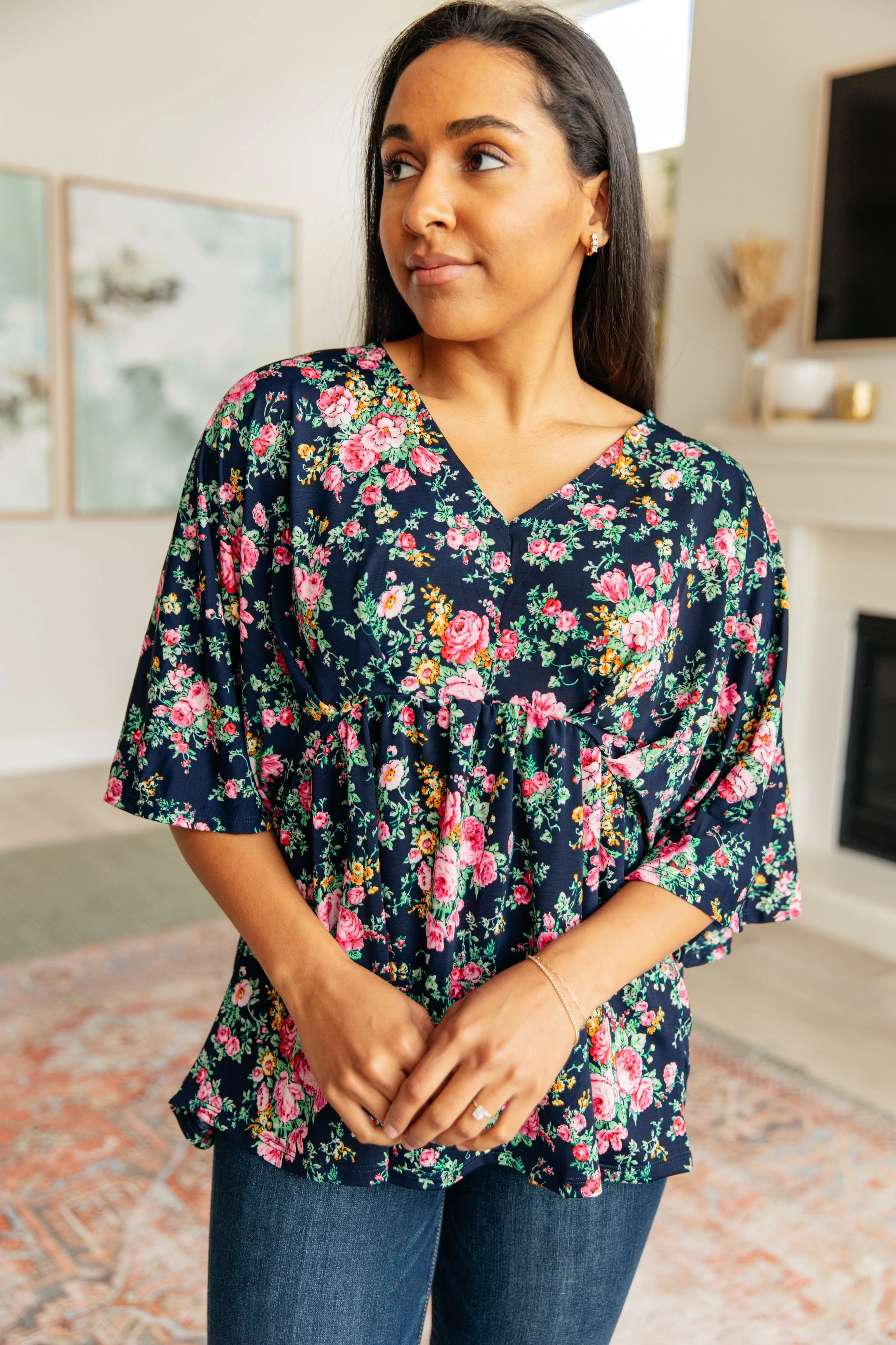 Dreamer Top in Navy and Pink Vintage Bouquet - 4/26