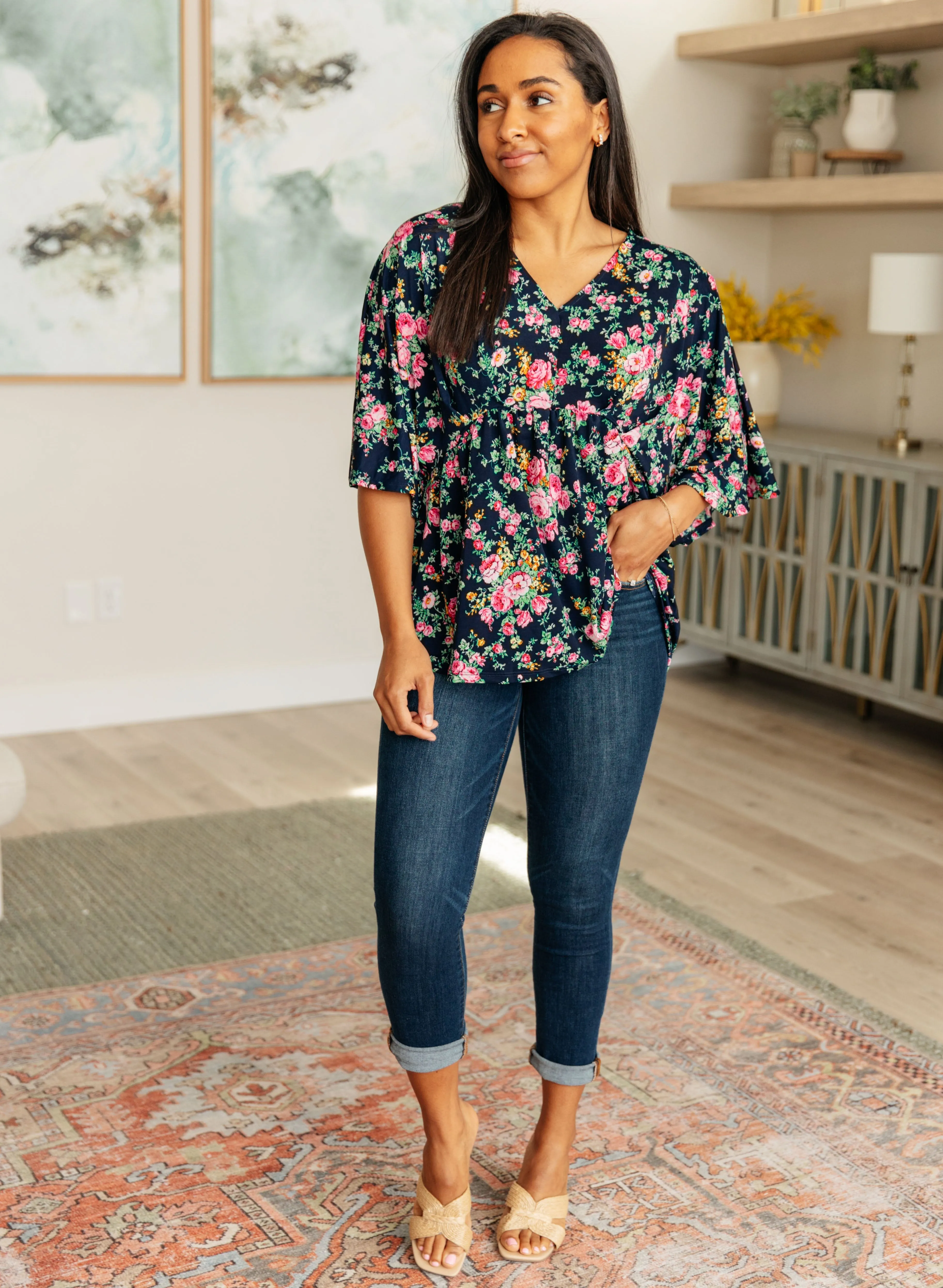 Dreamer Top in Navy and Pink Vintage Bouquet - 4/26