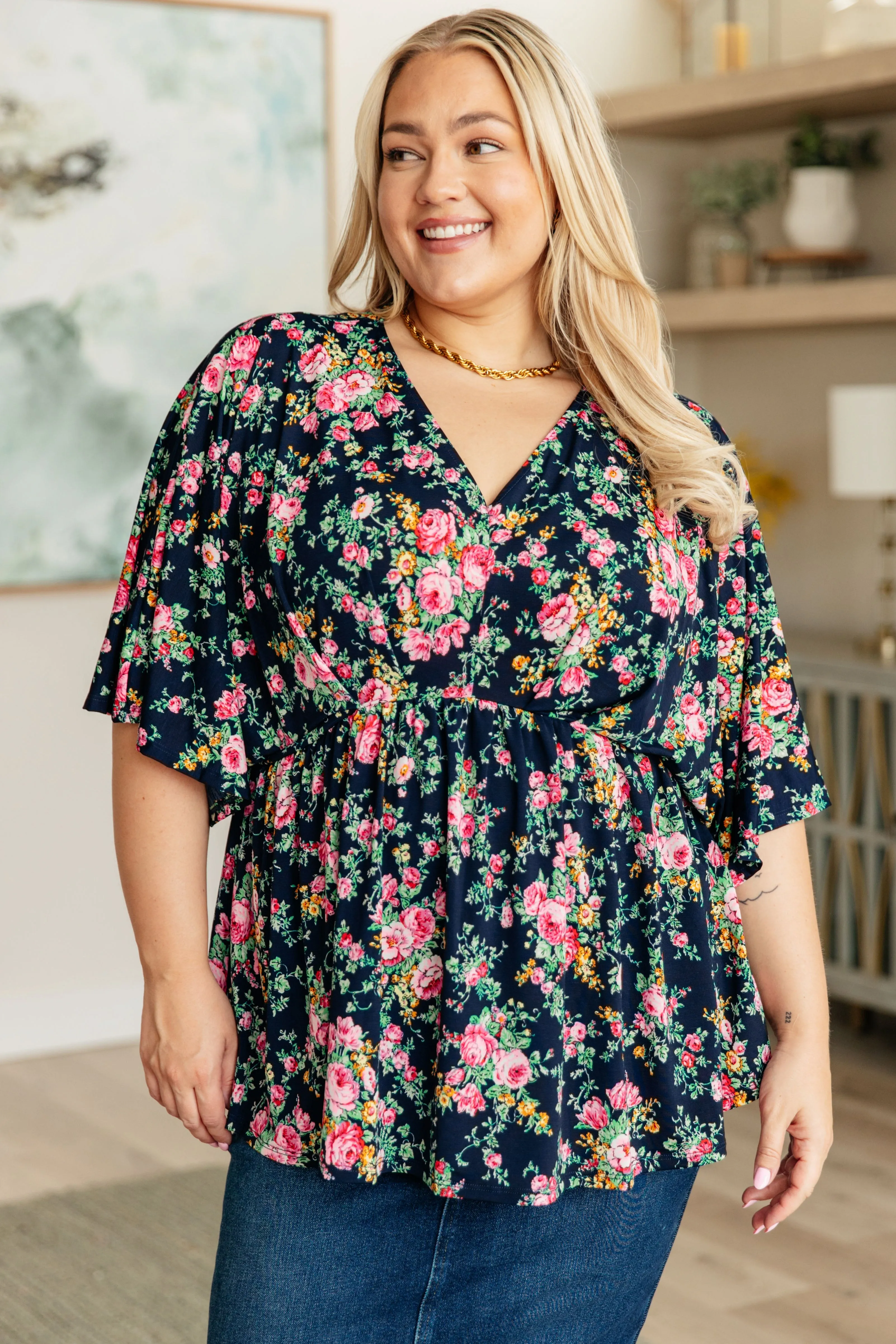 Dreamer Top in Navy and Pink Vintage Bouquet - 4/26