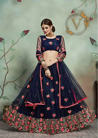 Embroidered Net Lehenga in Navy Blue