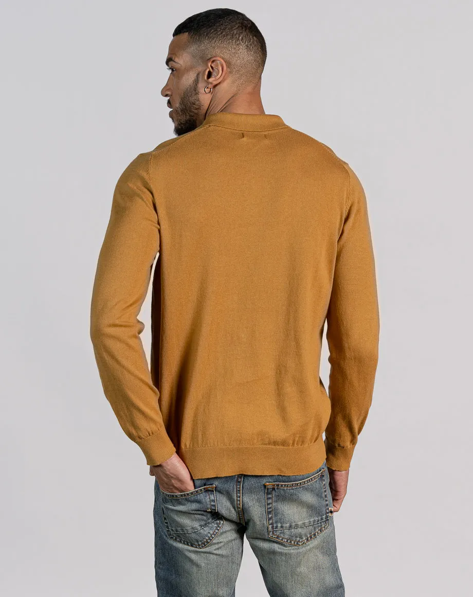 ESSENTIAL LONG SLEEVE KNITTED POLO TOP - MUSTARD