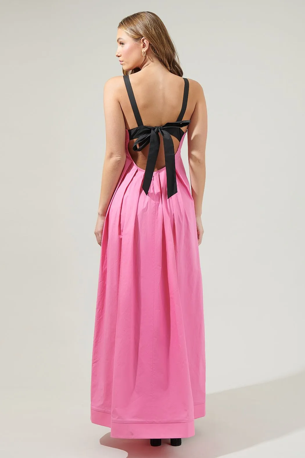 FABIOLA PINK PLEATED MAXI DRESS WITH BACK BLACK BOW/RIBBON