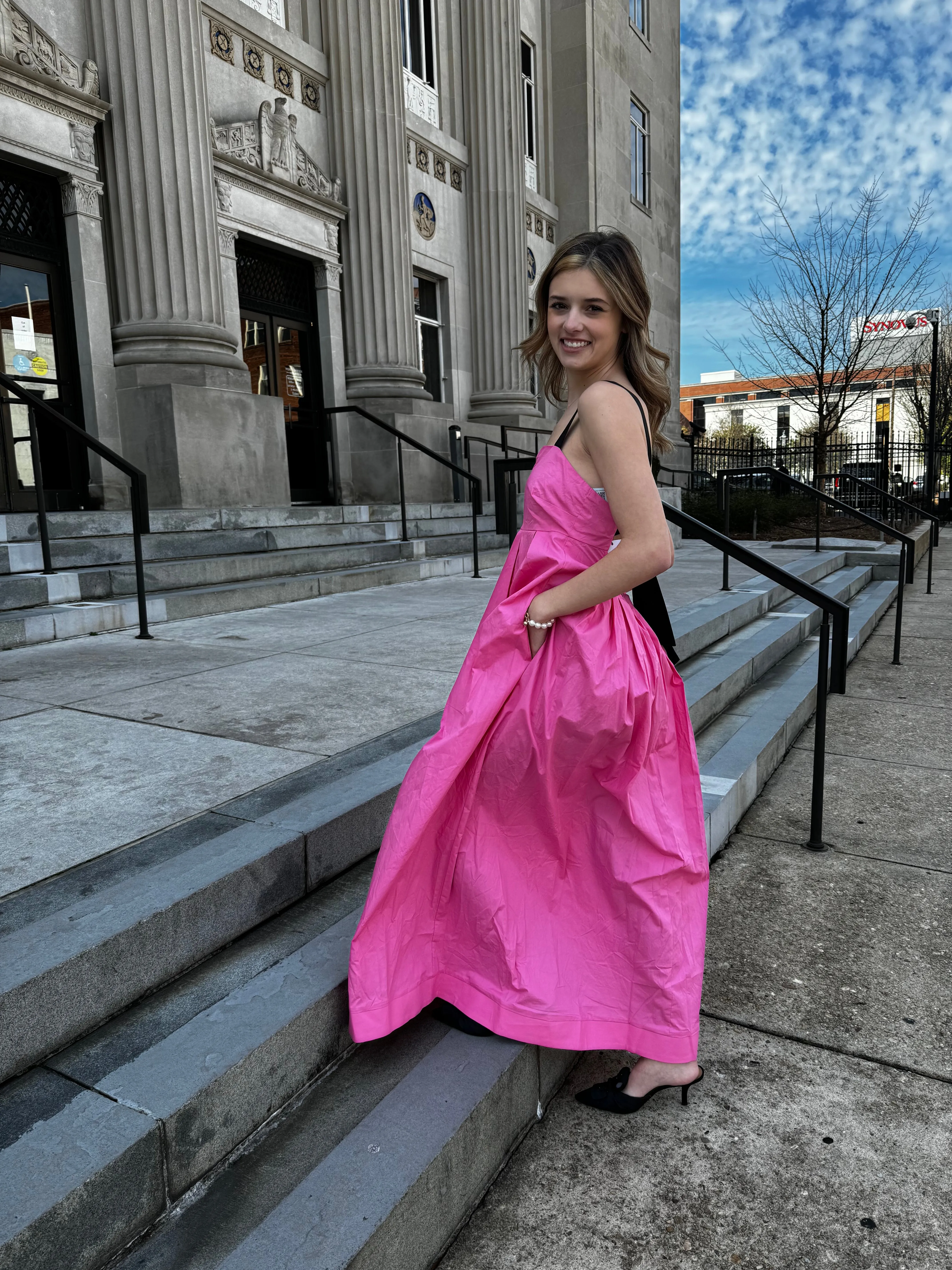 FABIOLA PINK PLEATED MAXI DRESS WITH BACK BLACK BOW/RIBBON