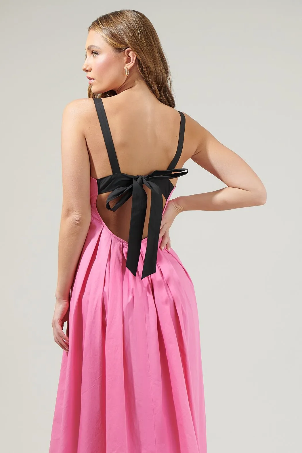 FABIOLA PINK PLEATED MAXI DRESS WITH BACK BLACK BOW/RIBBON