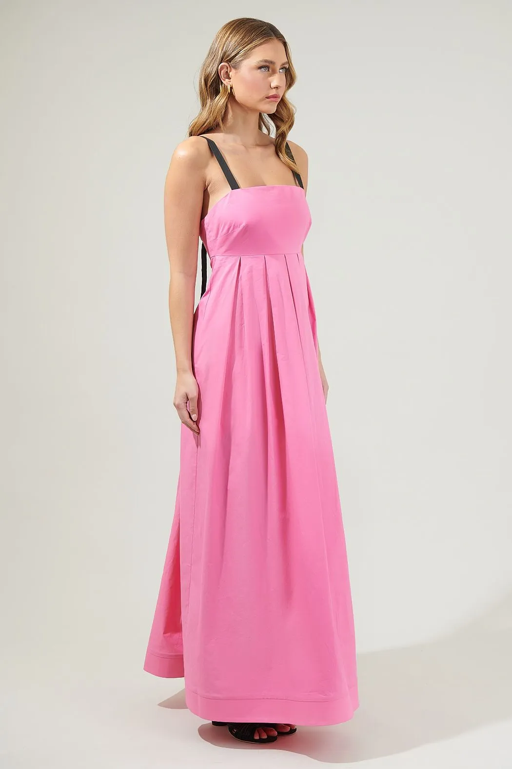 FABIOLA PINK PLEATED MAXI DRESS WITH BACK BLACK BOW/RIBBON