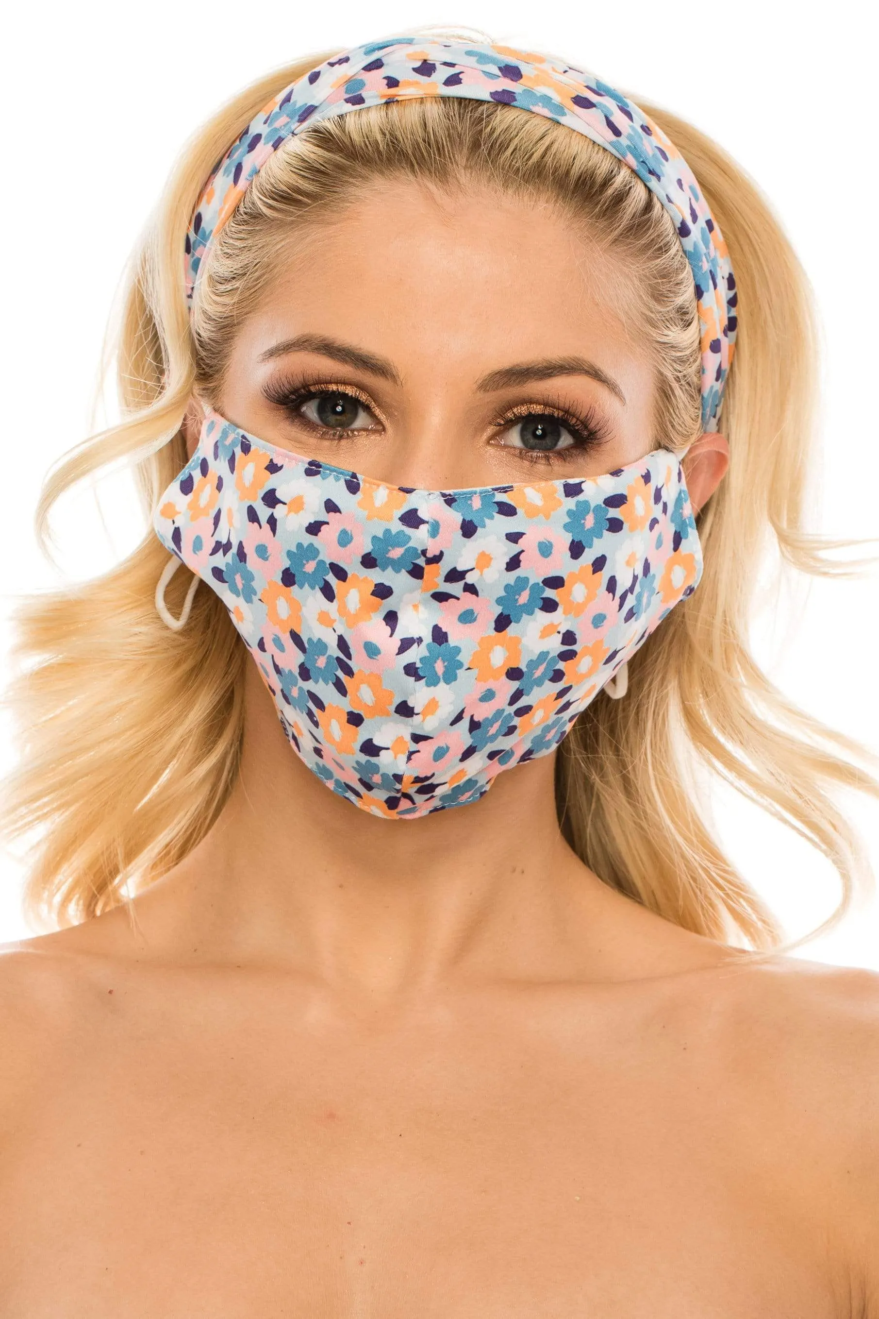 Fashion Fabric Reusable Mask with Adjustable Earloops with Matching Headband and 10 Free Filters