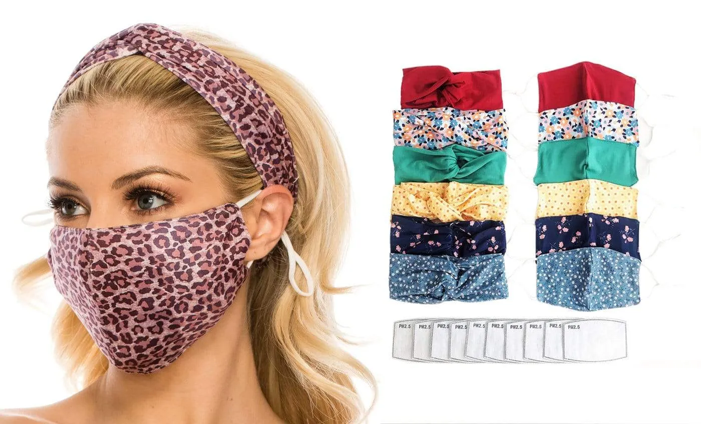 Fashion Fabric Reusable Mask with Adjustable Earloops with Matching Headband and 10 Free Filters