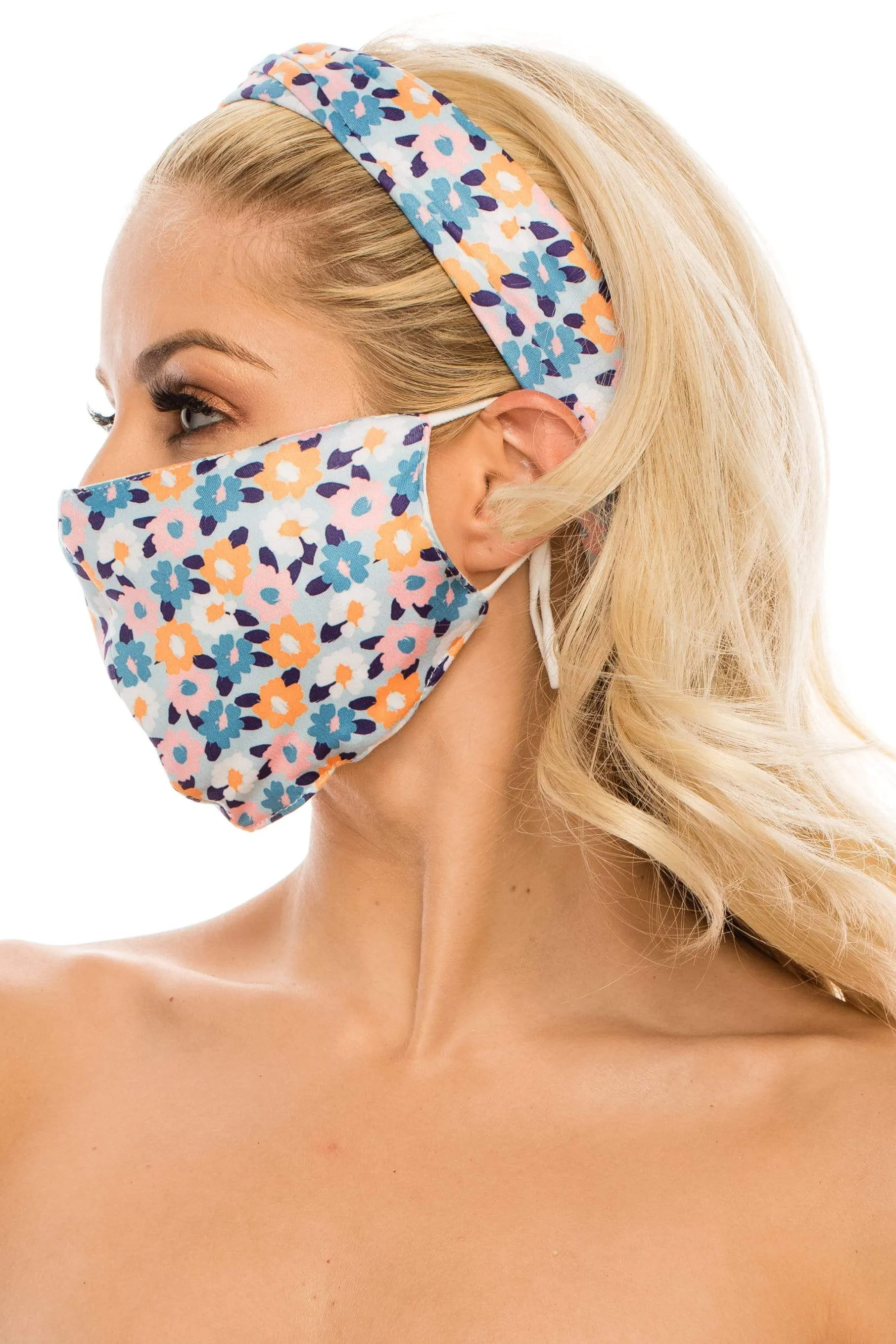 Fashion Fabric Reusable Mask with Adjustable Earloops with Matching Headband and 10 Free Filters