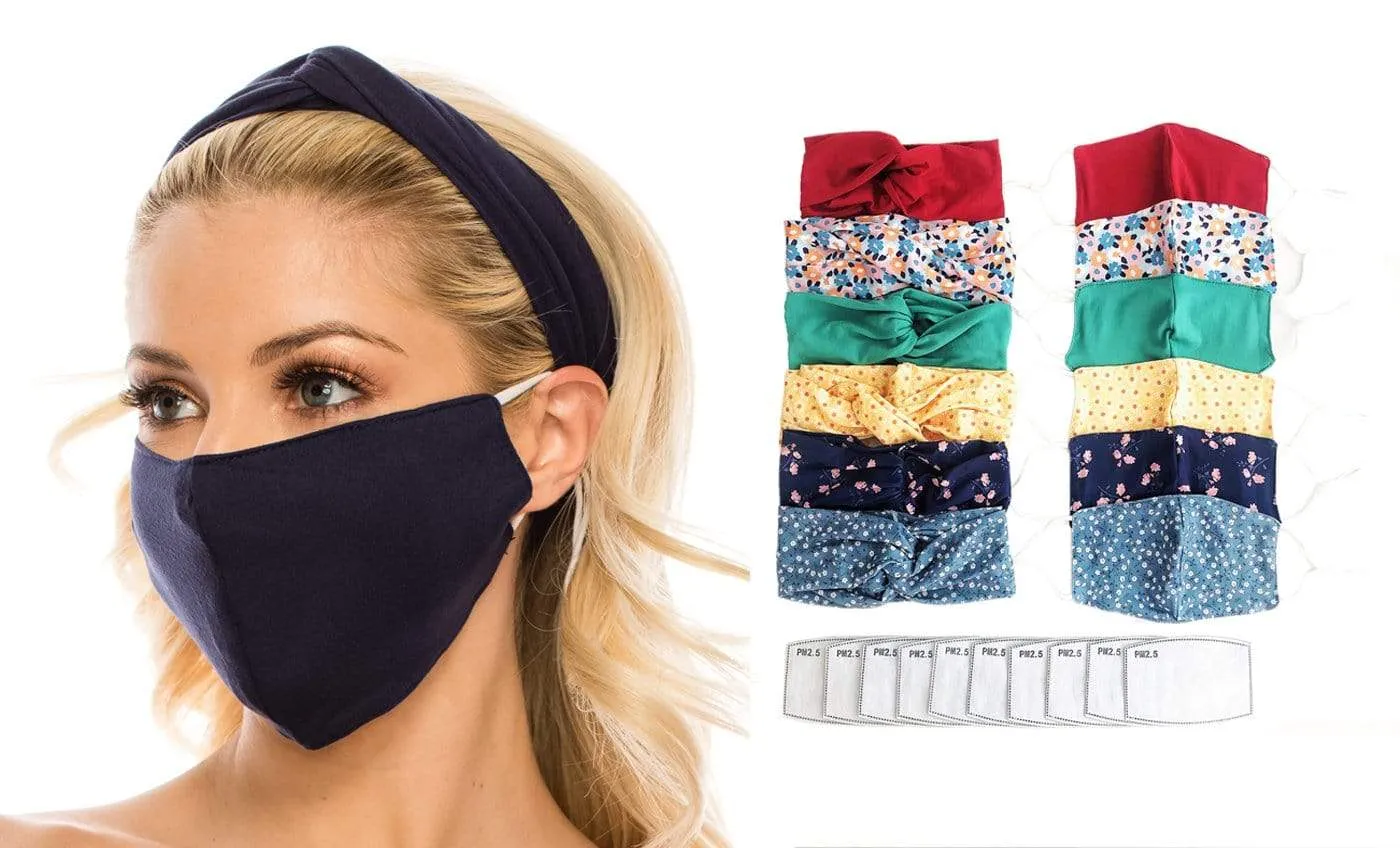 Fashion Fabric Reusable Mask with Adjustable Earloops with Matching Headband and 10 Free Filters