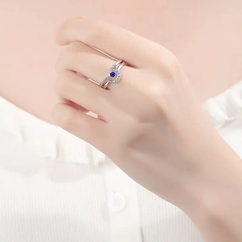 Fashion Star Moon Shape Sapphire Ring - 925 Sterling Silver