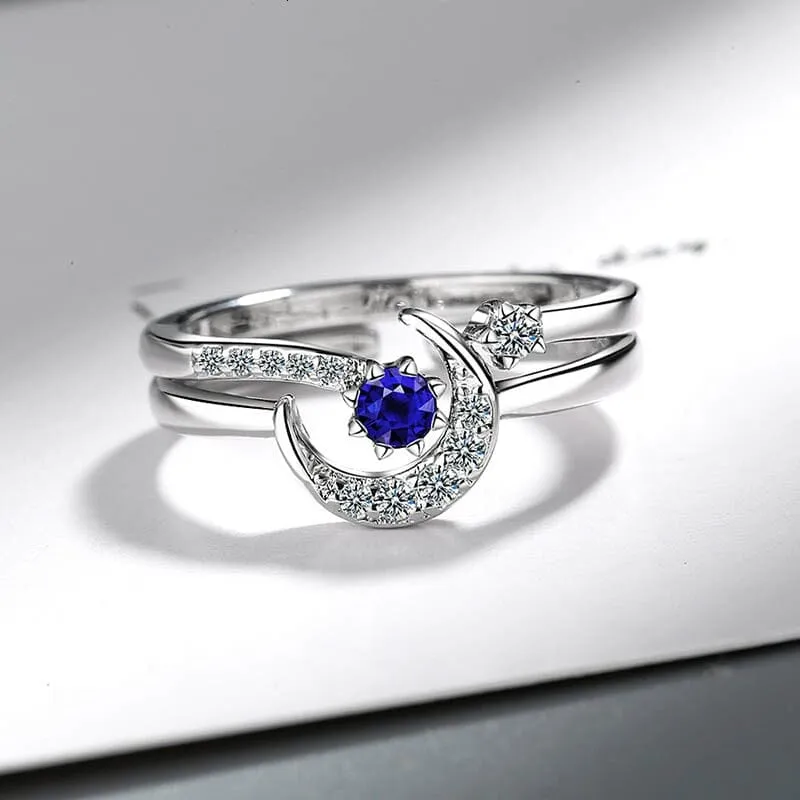 Fashion Star Moon Shape Sapphire Ring - 925 Sterling Silver