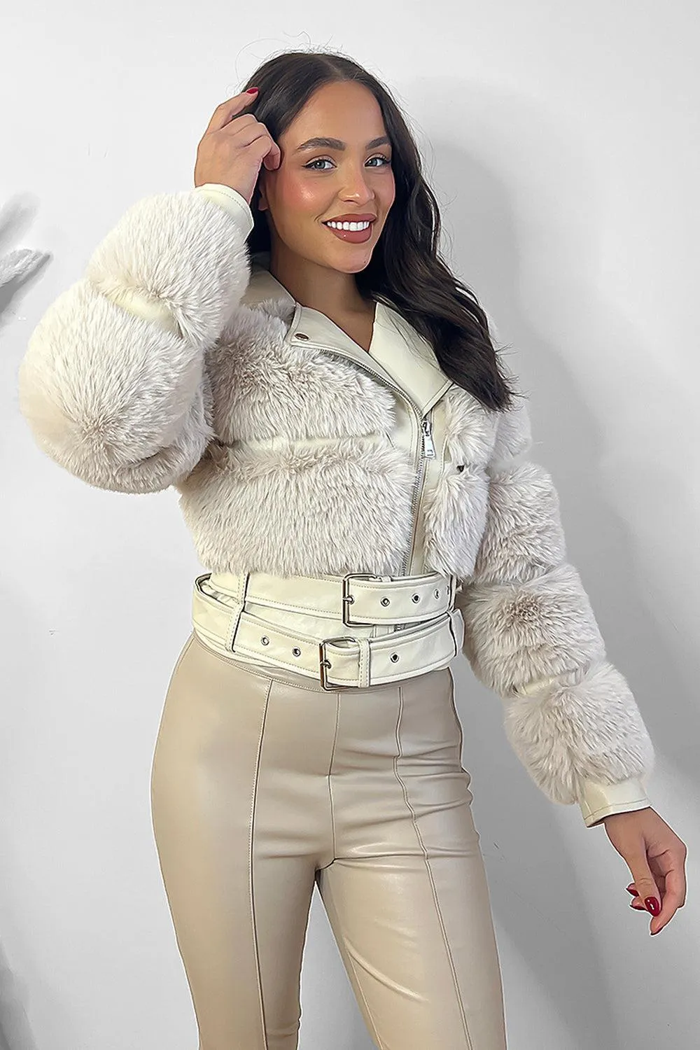 Faux Fur And Vegan Leather Double Belt Biker Jacket