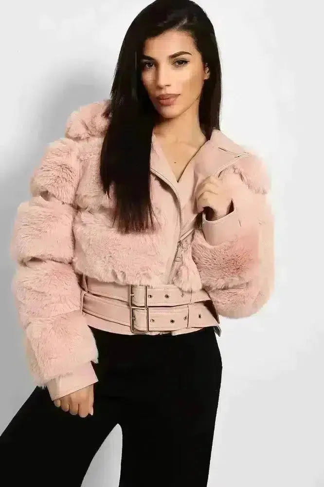 Faux Fur And Vegan Leather Double Belt Biker Jacket