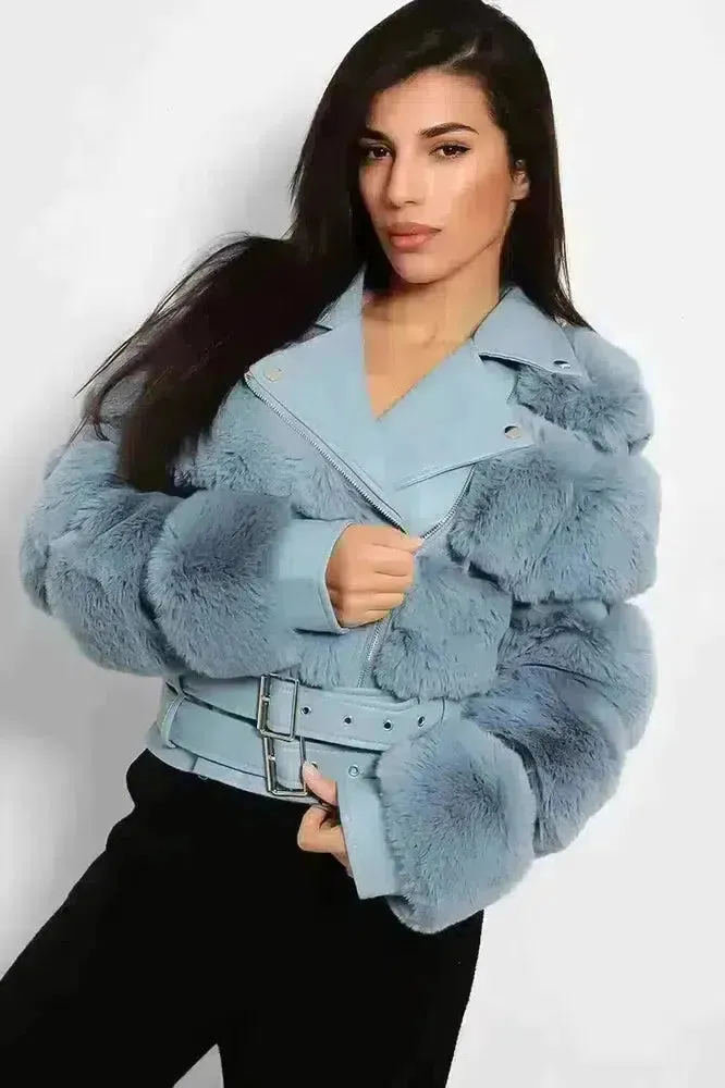 Faux Fur And Vegan Leather Double Belt Biker Jacket