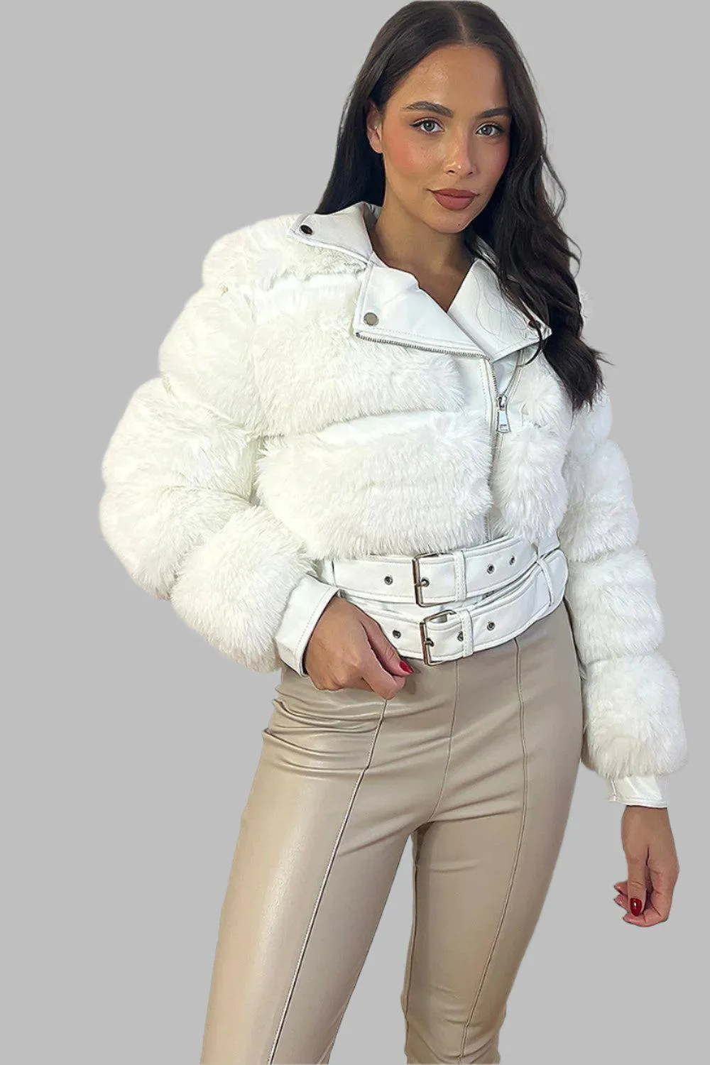 Faux Fur And Vegan Leather Double Belt Biker Jacket