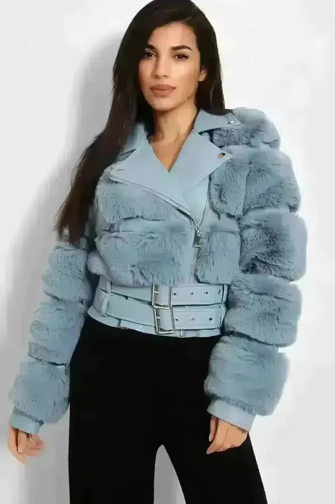 Faux Fur And Vegan Leather Double Belt Biker Jacket