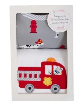 Firetruck applique burp pad and bib set.