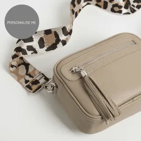 Florence Crossbody Bag in Beige with Light Pink Leopard Print Strap