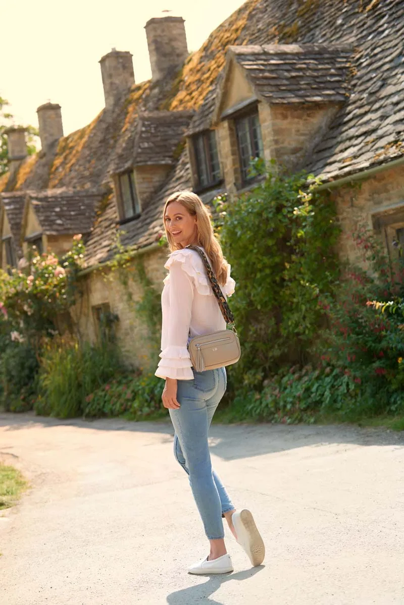 Florence Crossbody Bag in Beige with Light Pink Leopard Print Strap