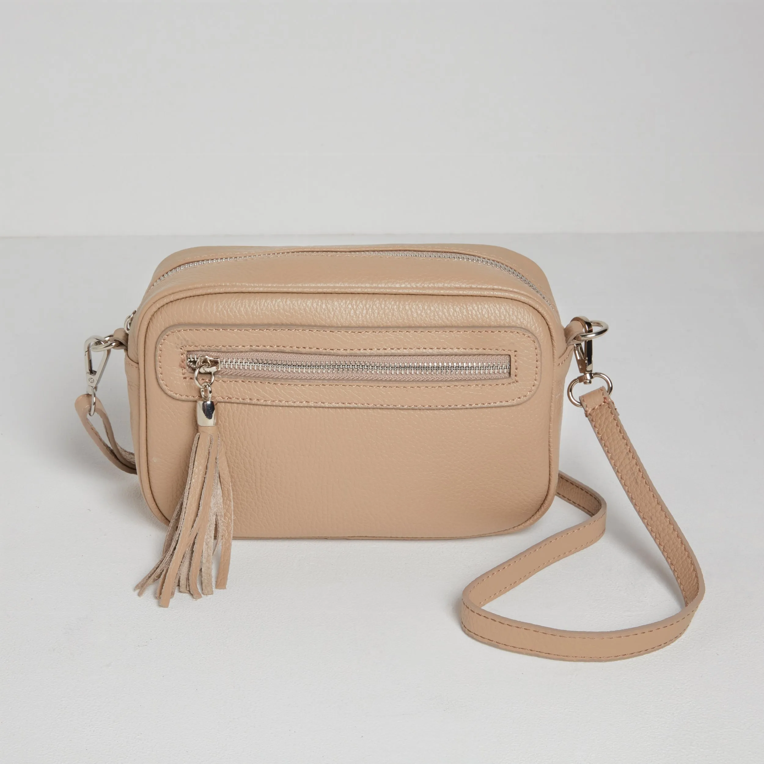 Florence Crossbody Bag in Beige with Light Pink Leopard Print Strap