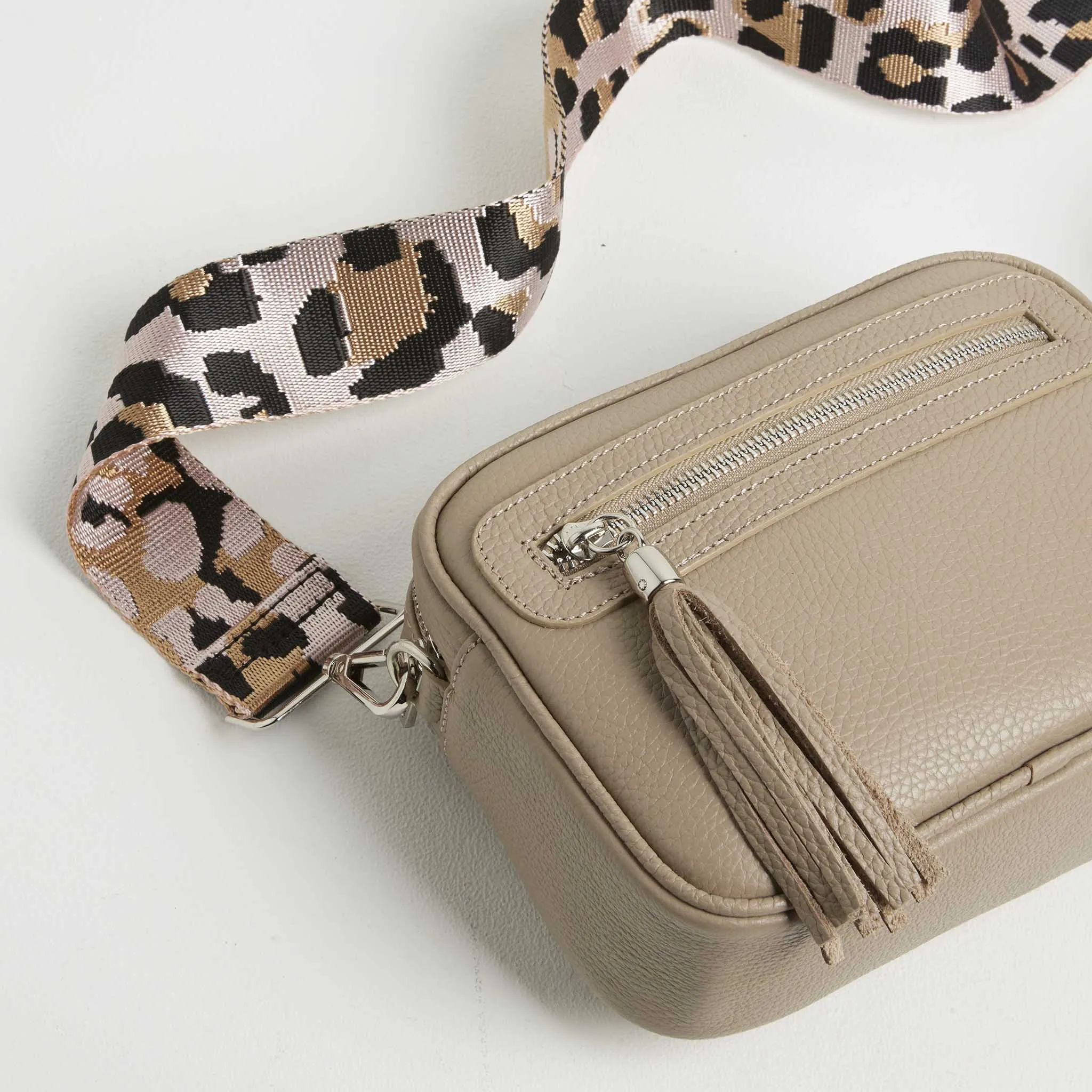 Florence Crossbody Bag in Beige with Light Pink Leopard Print Strap