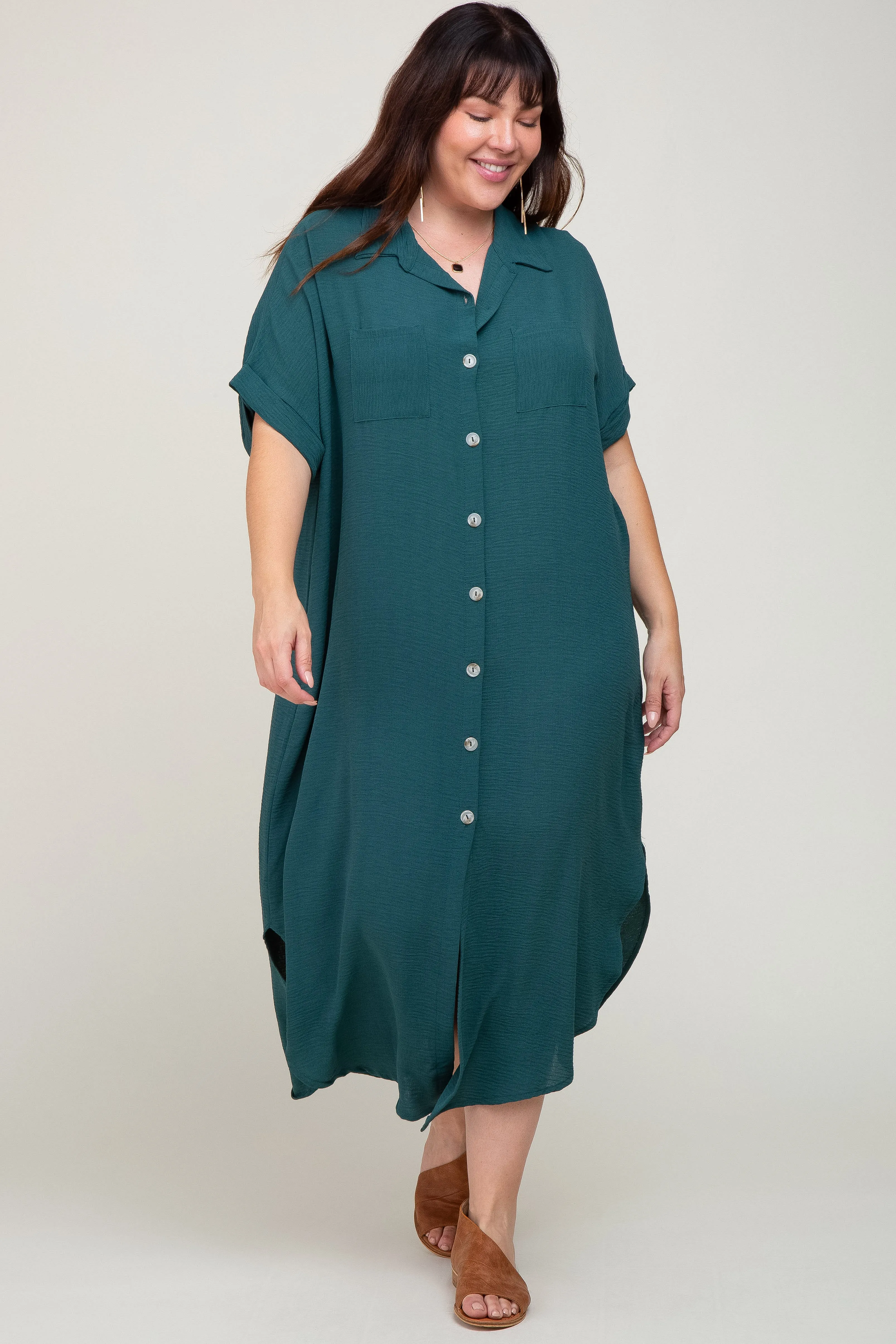 Forest Green Button Down Hi Low Plus Maxi Dress